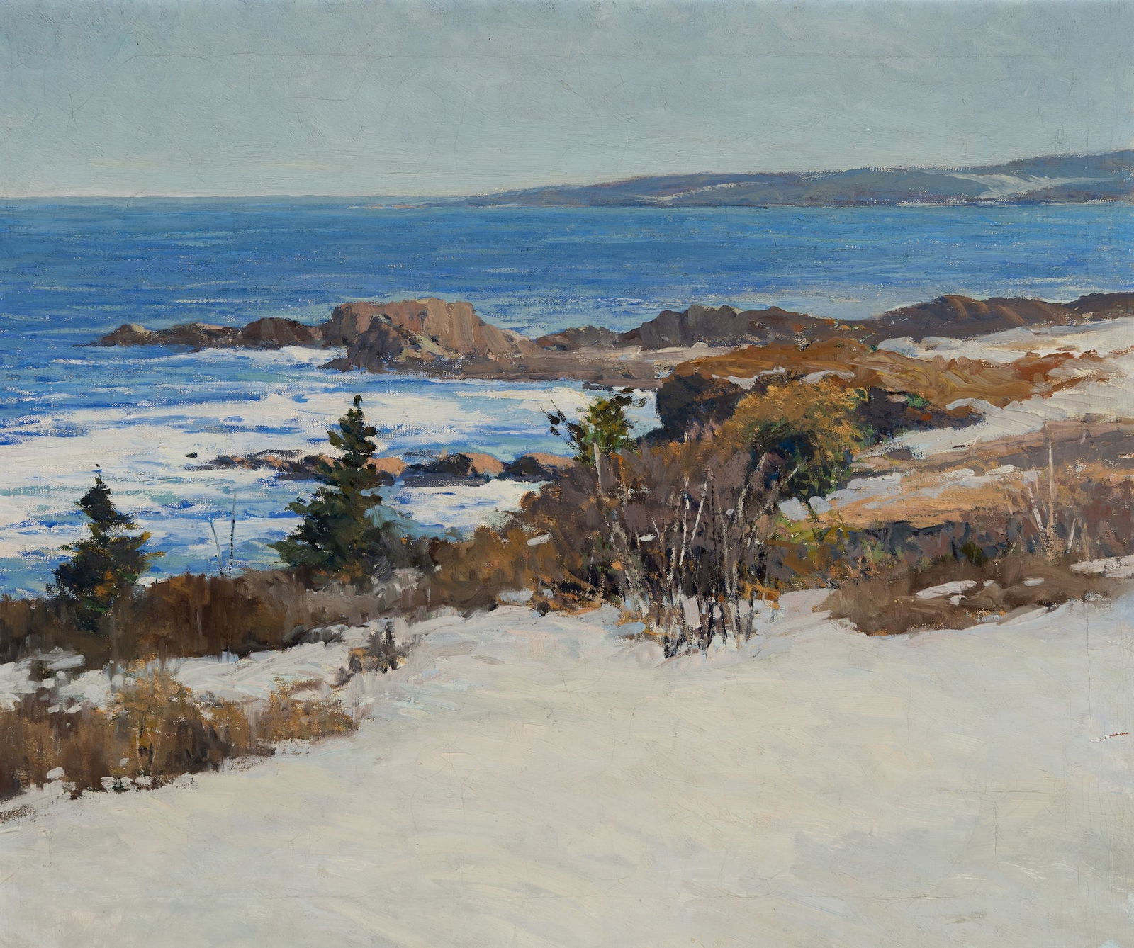 Linwood Easton (Am. 1892-1939), Cape Elizabeth, Oil on canvas, framed: Linwood Easton (Am. 1892-1939) Cape Elizabeth Oil on canvas, framed Unsigned, titled on Portland Society of Art label on stretcher verso 25" x 30" actual, 29 1/2" x 34 1/2" framed <