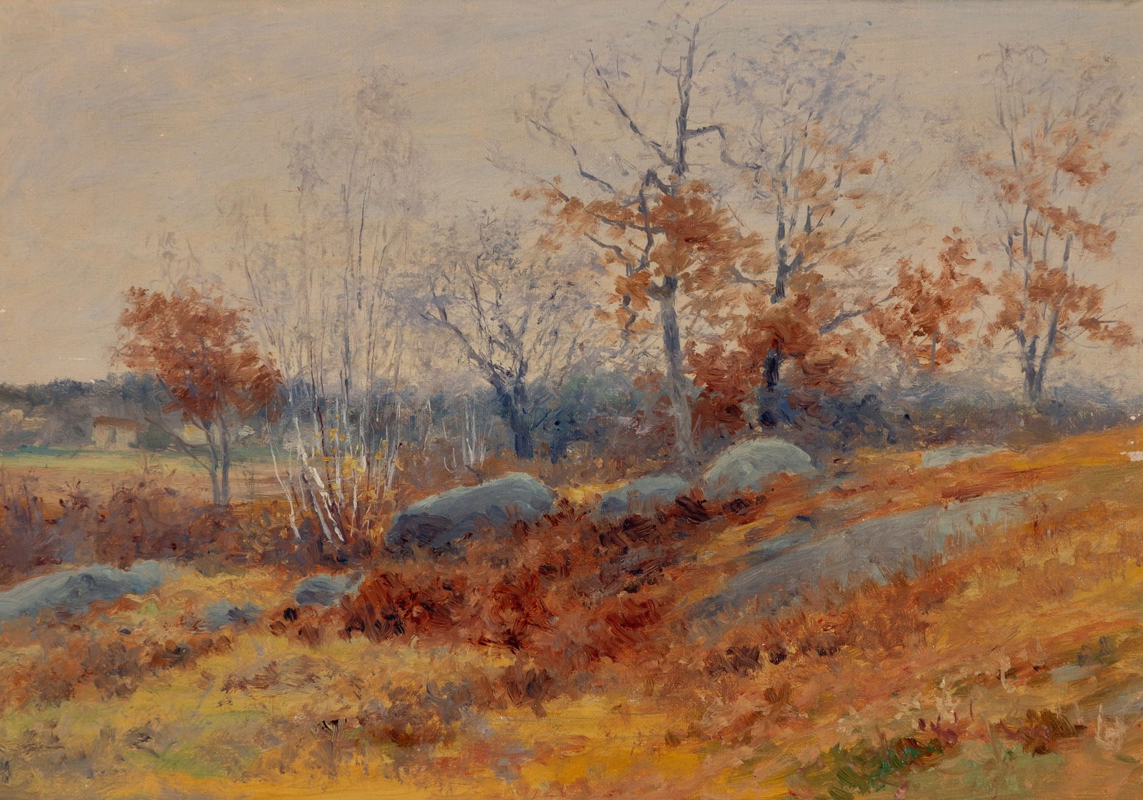 George Frederick Morse (Am. 1834-1926), "Rocky Hill" Autumn, 1896, Oil on canvas, framed: George Frederick Morse (Am. 1834-1926) "Rocky Hill" Autumn, 1896 Oil on canvas, framed Unsigned, titled and dated along tacking edge 11" x 16" actual, 14 3/4" x 19 5/8" framed