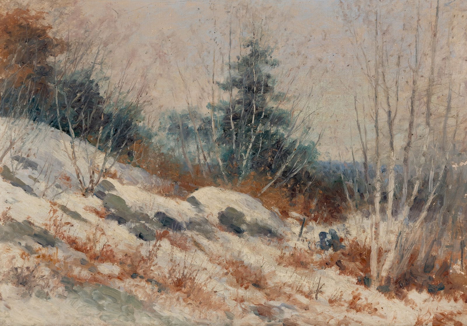 George Frederick Morse (Am. 1834-1926), "Rocky Hill" Winter, 1896, Oil on canvas, framed: George Frederick Morse (Am. 1834-1926) "Rocky Hill" Winter, 1896 Oil on canvas, framed Unsigned, dated and titled along tacking edge 11" x 16" actual, 14 3/4" x 19 3/4" framed