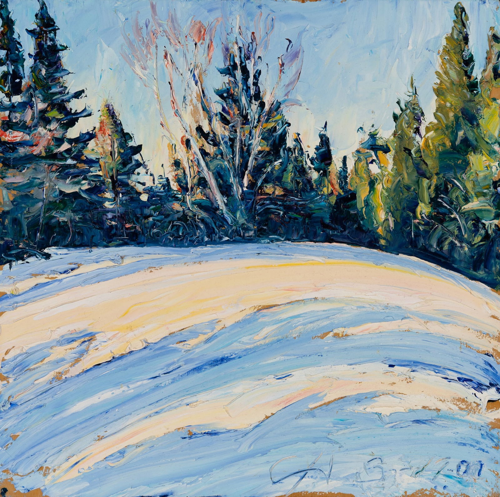 Chris Huntington (Am. b. 1938), "Sun + Shadows - Mar. Afternoon - Happy Corner Rd." Patten, Maine,: Chris Huntington (Am. b. 1938) "Sun + Shadows - Mar. Afternoon - Happy Corner Rd." Patten, Maine, 2001 Oil on board, unframed Signature and date incised l.r., signed, titled, and dated on verso </