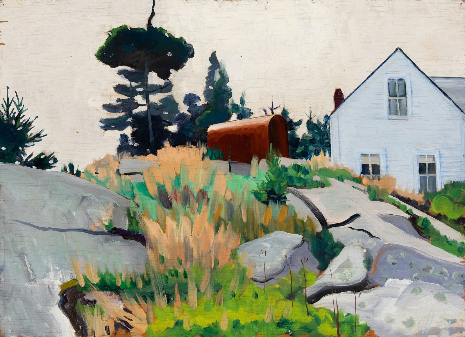 Chris Huntington (Am. b. 1938), "Island Haze - Matinicus Afternoon" 1974, Oil on board, unframed: Chris Huntington (Am. b. 1938) "Island Haze - Matinicus Afternoon" 1974 Oil on board, unframed Initialed and dated l.r., signed, titled, dated, inscribed "CH848," and Gleason Fine Art label on vers