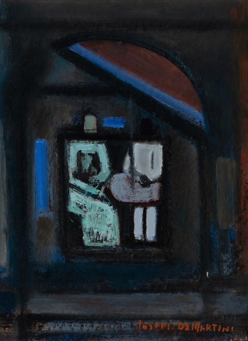 Joseph De Martini (Am. 1896-1984), Figures with Umbrella, Oil on canvas, framed: Joseph De Martini (Am. 1896-1984) Figures with Umbrella Oil on canvas, framed Signed l.r. 11 1/2" x 9" actual, 15 3/4" x 13 1/4" framed Provenance: Private