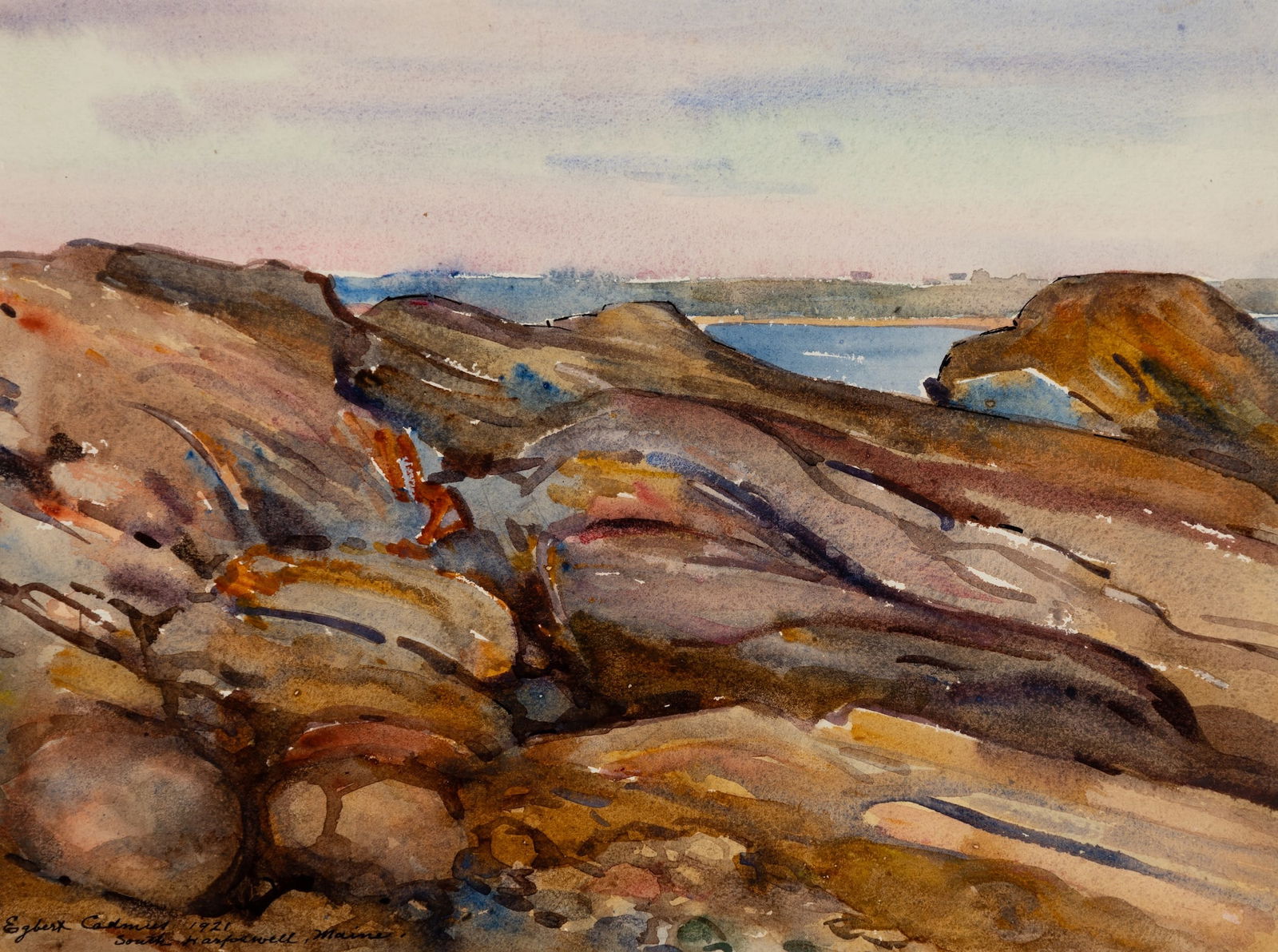 Egbert Cadmus (Am. 1868-1939), "South Harpswell, Maine" 1921, Watercolor on paper, framed under: Egbert Cadmus (Am. 1868-1939) "South Harpswell, Maine" 1921 Watercolor on paper, framed under glass Signed, titled, and dated l.l., signed, titled, and dated on verso, exhibition label on backing <