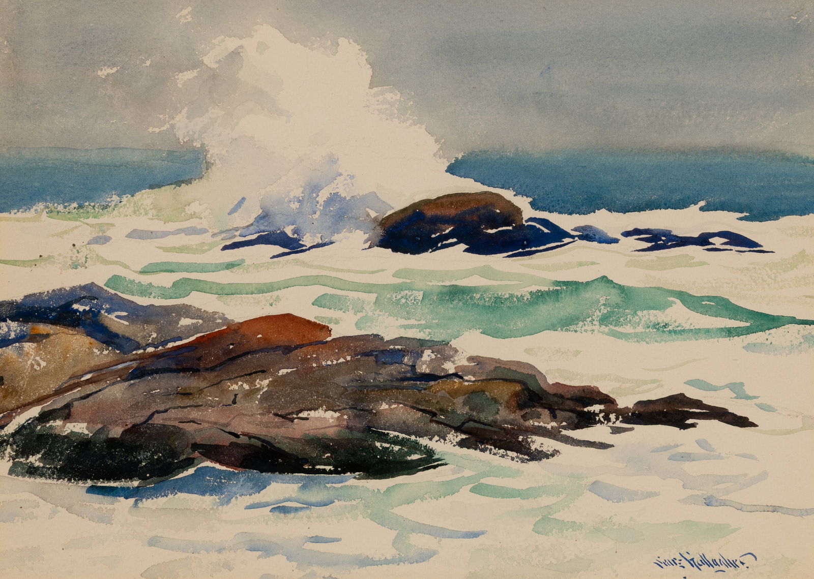 Sears Gallagher (Am. 1869-1955), Sea Spray, Monhegan (Washerwoman), Watercolor on paper, framed: Sears Gallagher (Am. 1869-1955) Sea Spray, Monhegan (Washerwoman) Watercolor on paper, framed under glass Signed l.r., Wiscasset Bay Gallery label on backing 9 1/4" x 13 1/4" actual, 19 1/4"