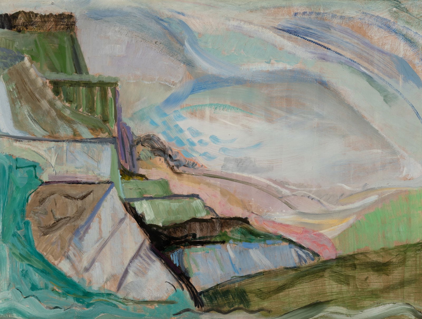Irving Katzenstein (Am. 1902-1973), Breeze from Mountains, Oil on board, framed: Irving Katzenstein (Am. 1902-1973) Breeze from Mountains Oil on board, framed Signed l.r., artist's stamp on backing 22 3/4" x 31 1/4" sight, 27 1/4" x 36 1/8" framed Pro