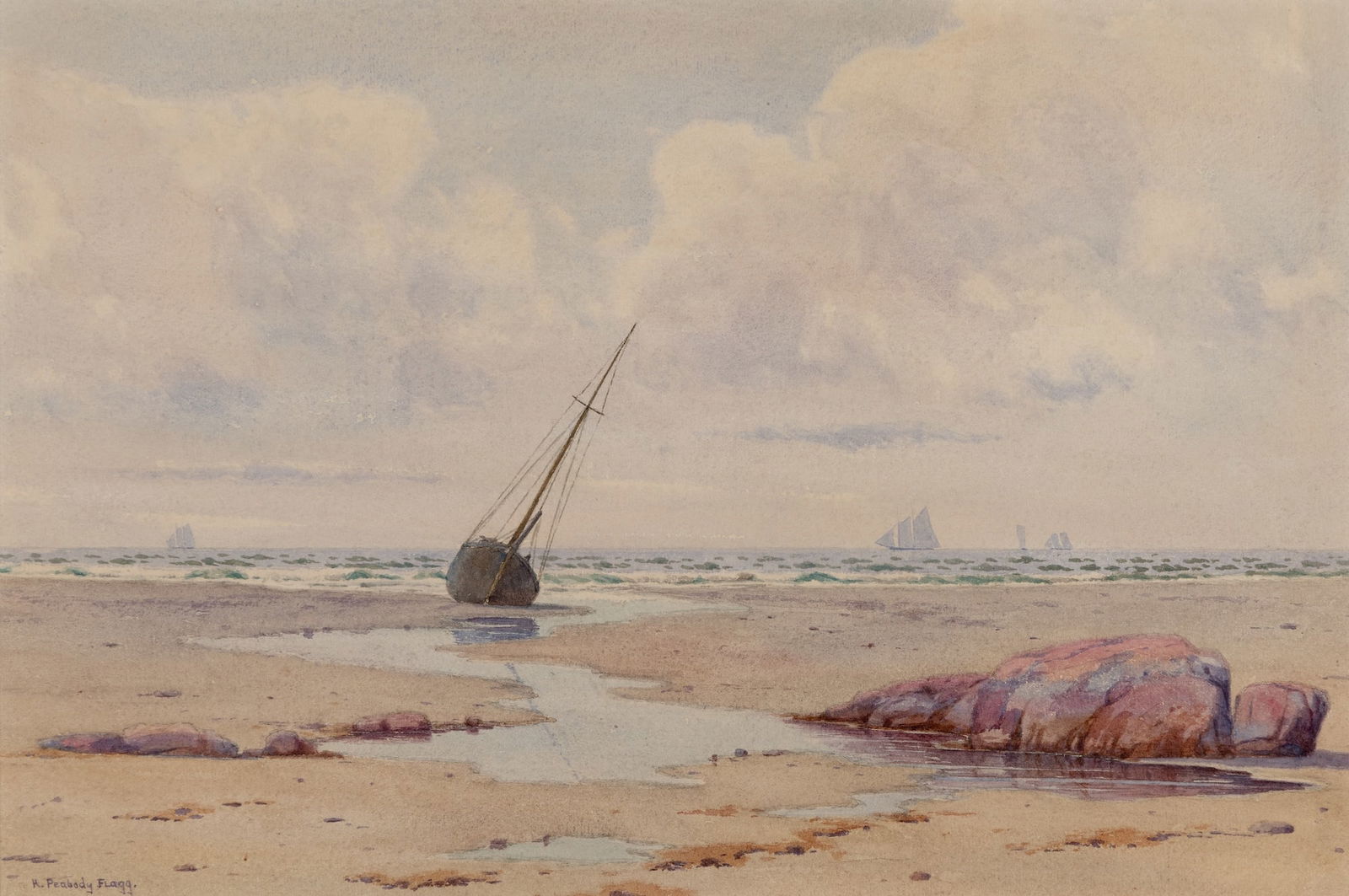 H. Peabody Flagg (Am. 1858-1937), Beached, Watercolor on paper, framed under glass: H. Peabody Flagg (Am. 1858-1937) Beached Watercolor on paper, framed under glass Signed l.l. 12 1/4" x 18 1/2" sight, 21 5/8" x 27 1/2" framed Provenance: P