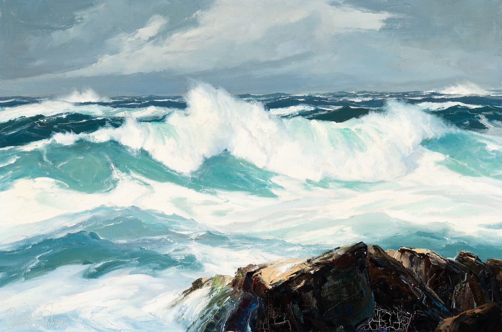 Bennet Bradbury (Am. 1914-1991), "Storm Brewing", Oil on canvas, framed: Bennet Bradbury (Am. 1914-1991) "Storm Brewing" Oil on canvas, framed Signature incised l.l., signed, titled, and artist's stamp on verso 20" x 30" actual, 24 3/8" x 34 5/8" framed