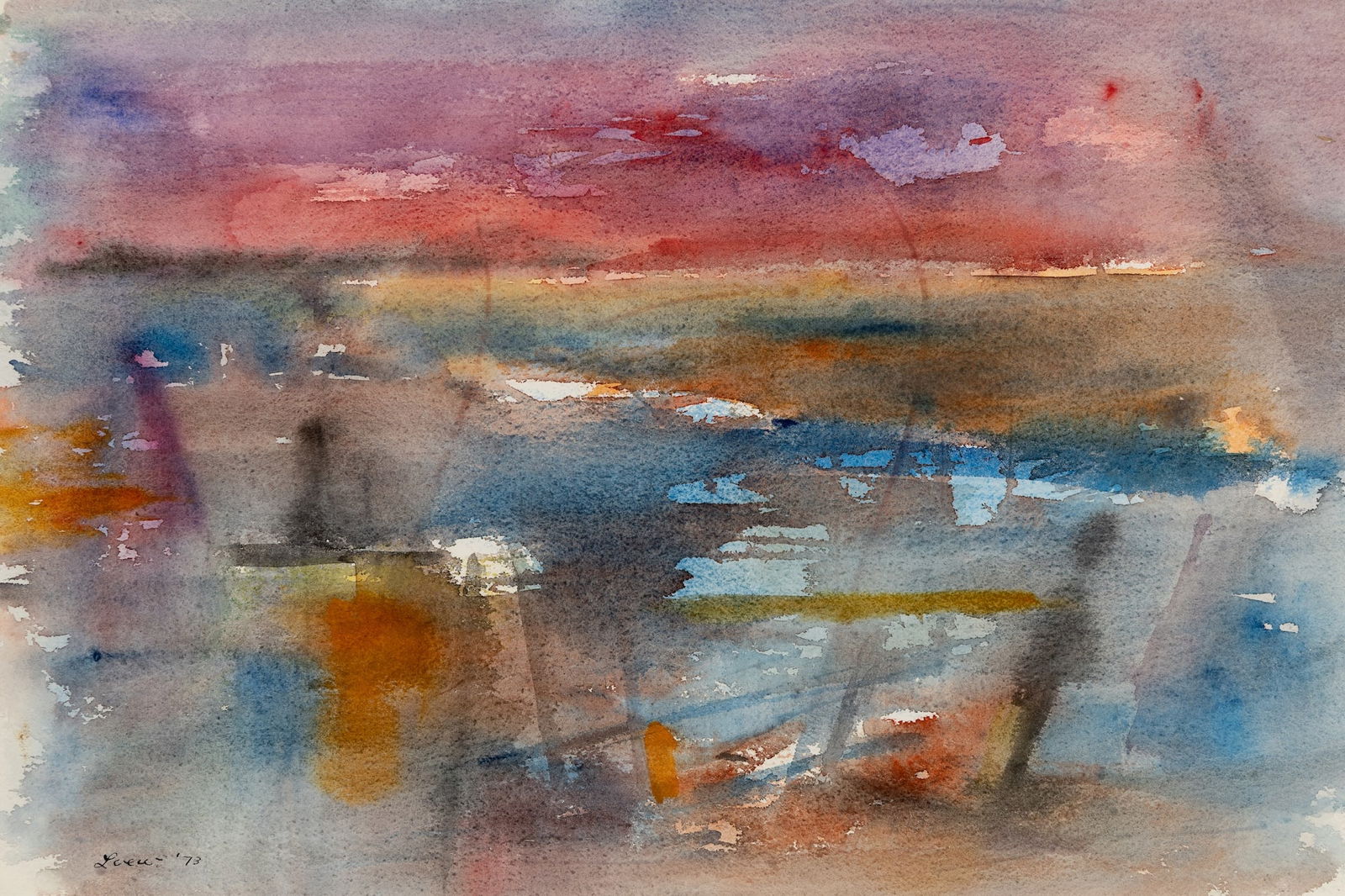 Michael Loew (Am. 1907-1985), Monhegan Sunset, 1973, Watercolor on paper, framed under glass: Michael Loew (Am. 1907-1985) Monhegan Sunset, 1973 Watercolor on paper, framed under glass Signed and dated l.l., exhibition label on backing 14" x 21" sight, 20" x 27" framed