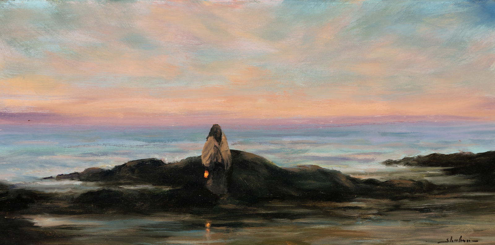 Dennis Sheehan (Am. b. 1950), "Shore Stroll, Evening", Oil on canvas, framed: Dennis Sheehan (Am. b. 1950) "Shore Stroll, Evening" Oil on canvas, framed Signed l.r., titled on verso, Guild of Boston Artists form attached to frame verso 10" x 20" actual, 16 1/16" x 26 1