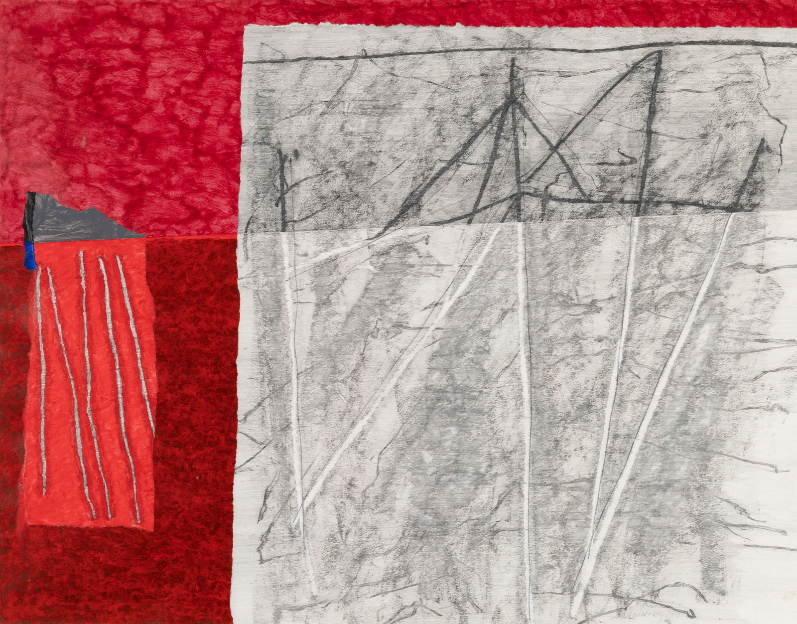 William Manning (Am. b. 1936), Scarlet Window, 1999, Acrylic, charcoal, and collage on paper, framed: William Manning (Am. b. 1936) Scarlet Window, 1999 Acrylic, charcoal, and collage on paper, framed under glass Signed and dated l.r. 22 15/16" x 28 1/16" sight, 29 3/4" x 35 1/4" framed