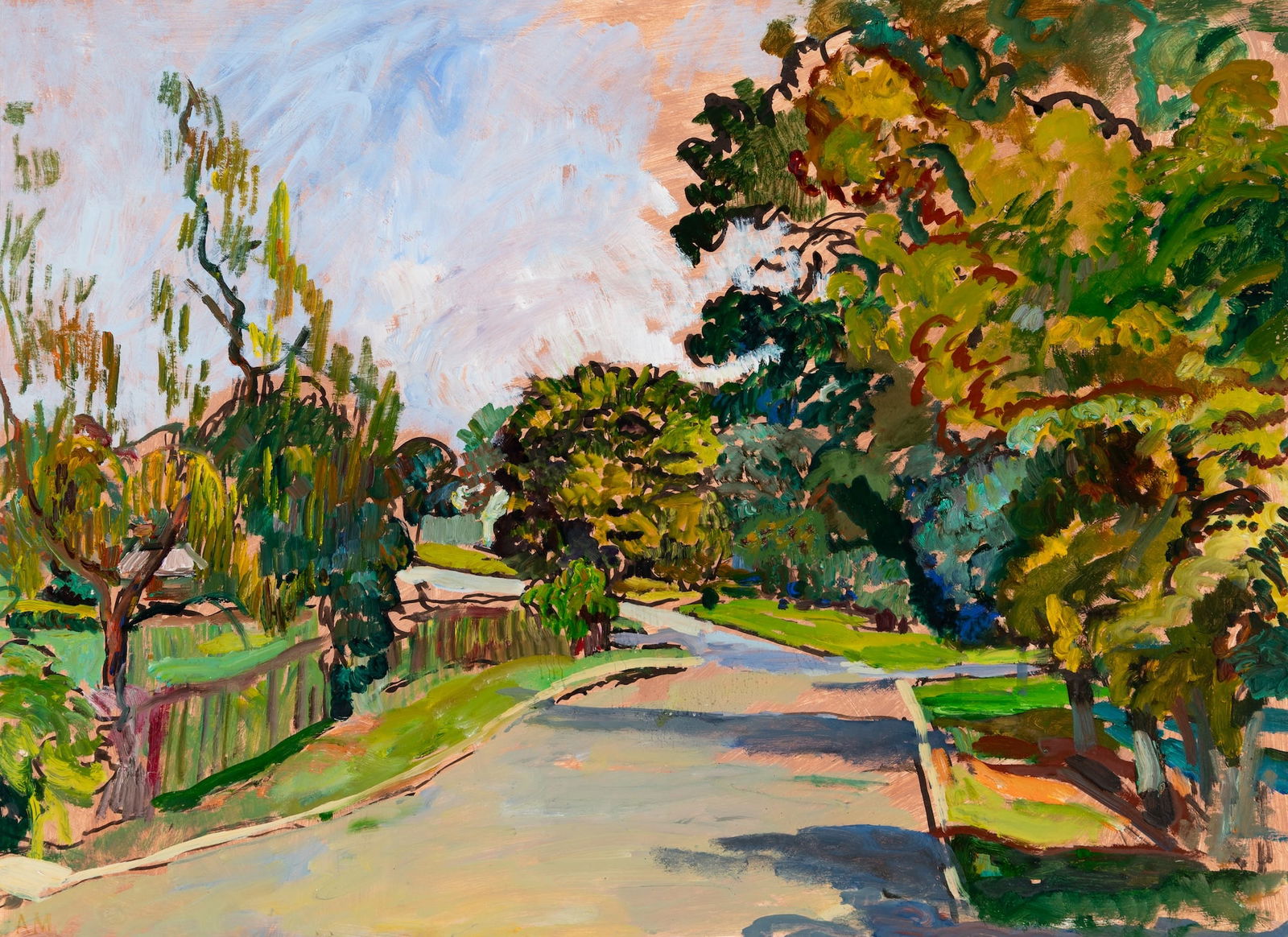 Andrew Martin (Am. 1923-1997), Sunny Day, Oil on paper, framed under glass: Andrew Martin (Am. 1923-1997) Sunny Day Oil on paper, framed under glass Signed l.l. 21 3/4" x 29 1/2" sight, 29" x 35 5/8" framed Provenance: Collection of