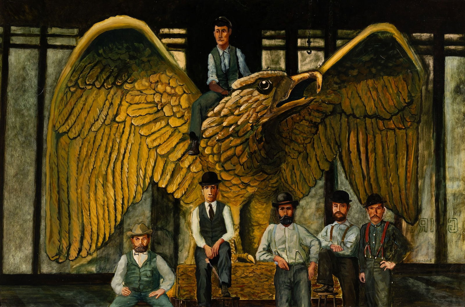 Robert Solotaire (Am. 1930-2008), "We Have Finished the Eagle", Oil on board, framed: Robert Solotaire (Am. 1930-2008) "We Have Finished the Eagle" Oil on board, framed Signed l.r., titled and inscribed "After a photo reproduced in Art in America Vol 4 1962. The eagle is one of fou