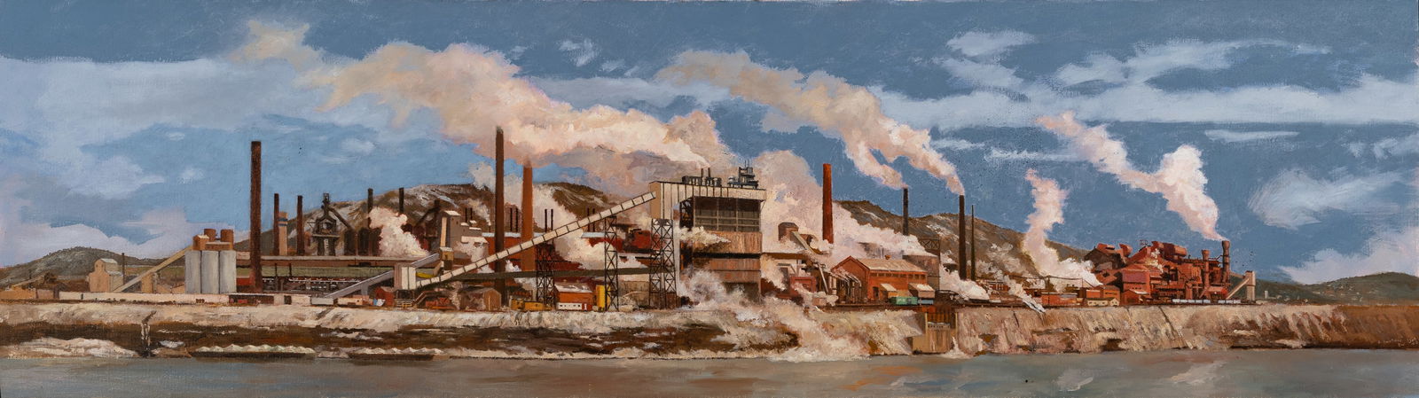 Robert Solotaire (Am. 1930-2008), Aliquippa, Pennsylvania, Oil on canvas, framed: Robert Solotaire (Am. 1930-2008) Aliquippa, Pennsylvania Oil on canvas, framed Unsigned 16" x 56" actual, 17 1/2" x 57 5/16" framed Provenance: Collection