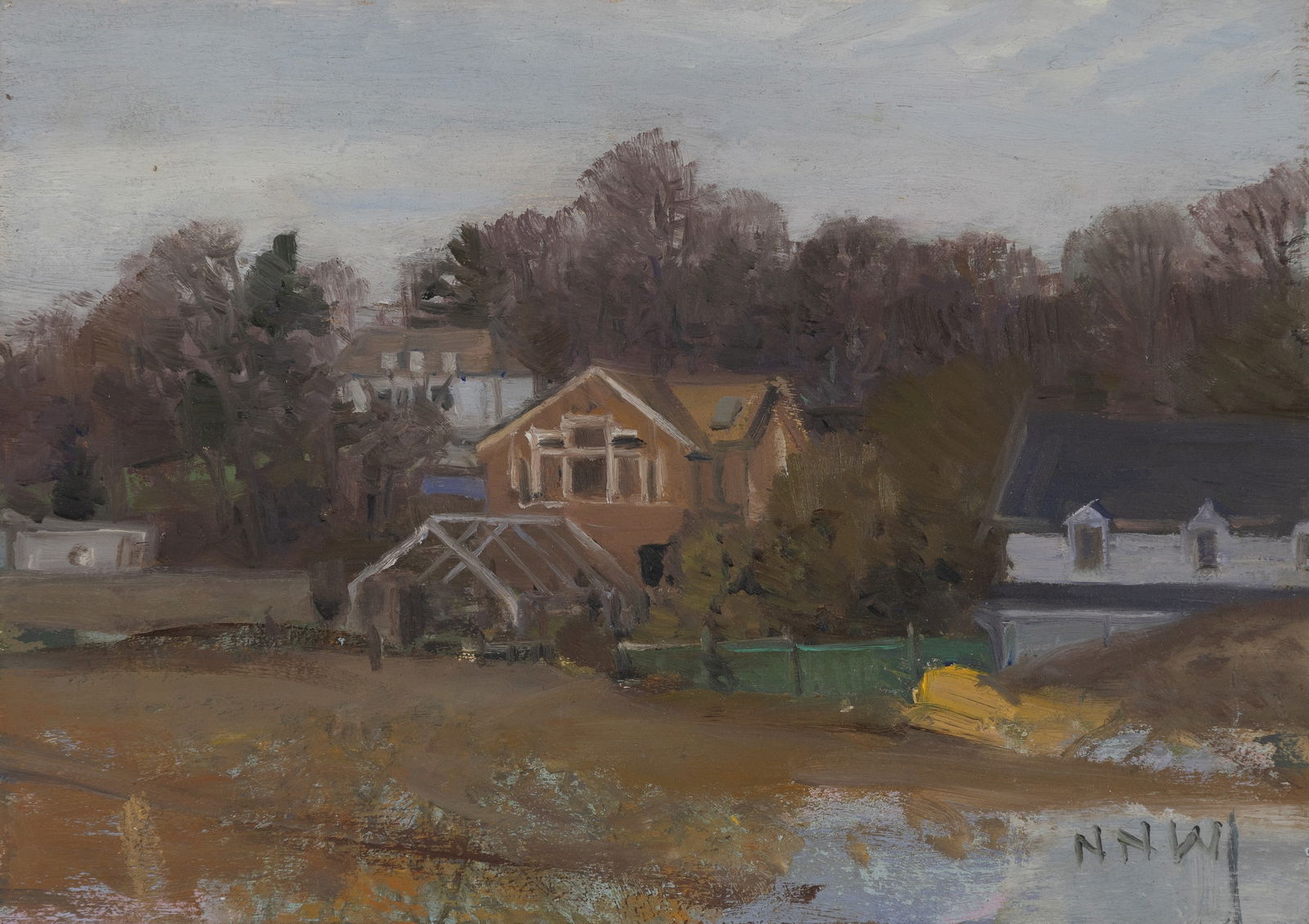 Ann Lofquist (Am. b. 1964), "Last Light, Auburn" 1995, Oil on panel, framed: Ann Lofquist (Am. b. 1964) "Last Light, Auburn" 1995 Oil on panel, framed Inscribed "NNW" l.r., signed, titled, and dated on verso 6 11/16" x 9 3/8" actual, 7 9/16" x 10 1/4" framed