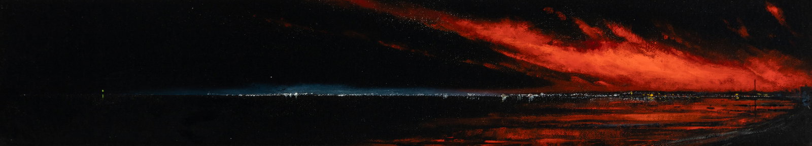 F. Ronald Fowler (Am. 1946-2014), Red Sky Over Provincetown, Oil on board, framed: F. Ronald Fowler (Am. 1946-2014) Red Sky Over Provincetown Oil on board, framed Signed l.r., signed and titled on verso 4" x 20" actual, 7 3/4" x 22 3/4" framed Provenance: