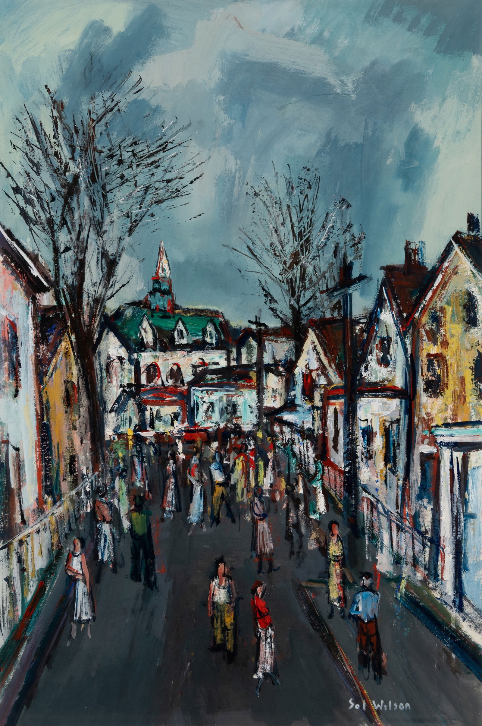 Sol Wilson (Am. 1896-1974), Town Hall from Bradford Street,Provincetown, Mixed media on paper,: Sol Wilson (Am. 1896-1974) Town Hall from Bradford Street,Provincetown Mixed media on paper, framed under glass Signed l.r., Weschler's Auctioneers label on backing 28 3/4" x 19" sight, 36 6/