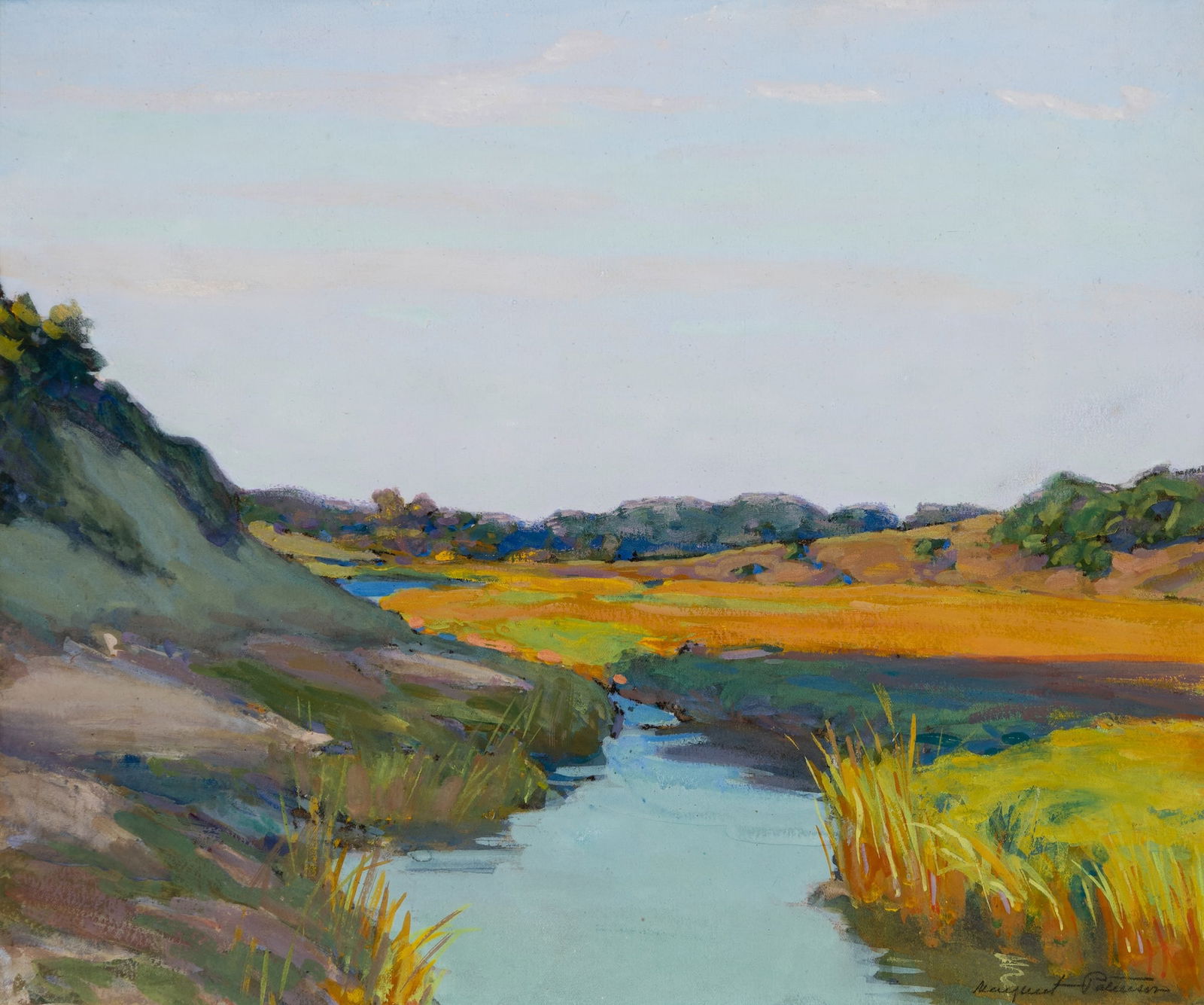 Margaret Patterson (Am. 1867-1950), "Cape Cod", Gouache on canvas, framed under glass: Margaret Patterson (Am. 1867-1950) "Cape Cod" Gouache on canvas, framed under glass Signed l.r., Barridoff Auctions label attached to backing 14 1/2" x 17 1/4" actual, 21 1/4" x 23 3/4" fram