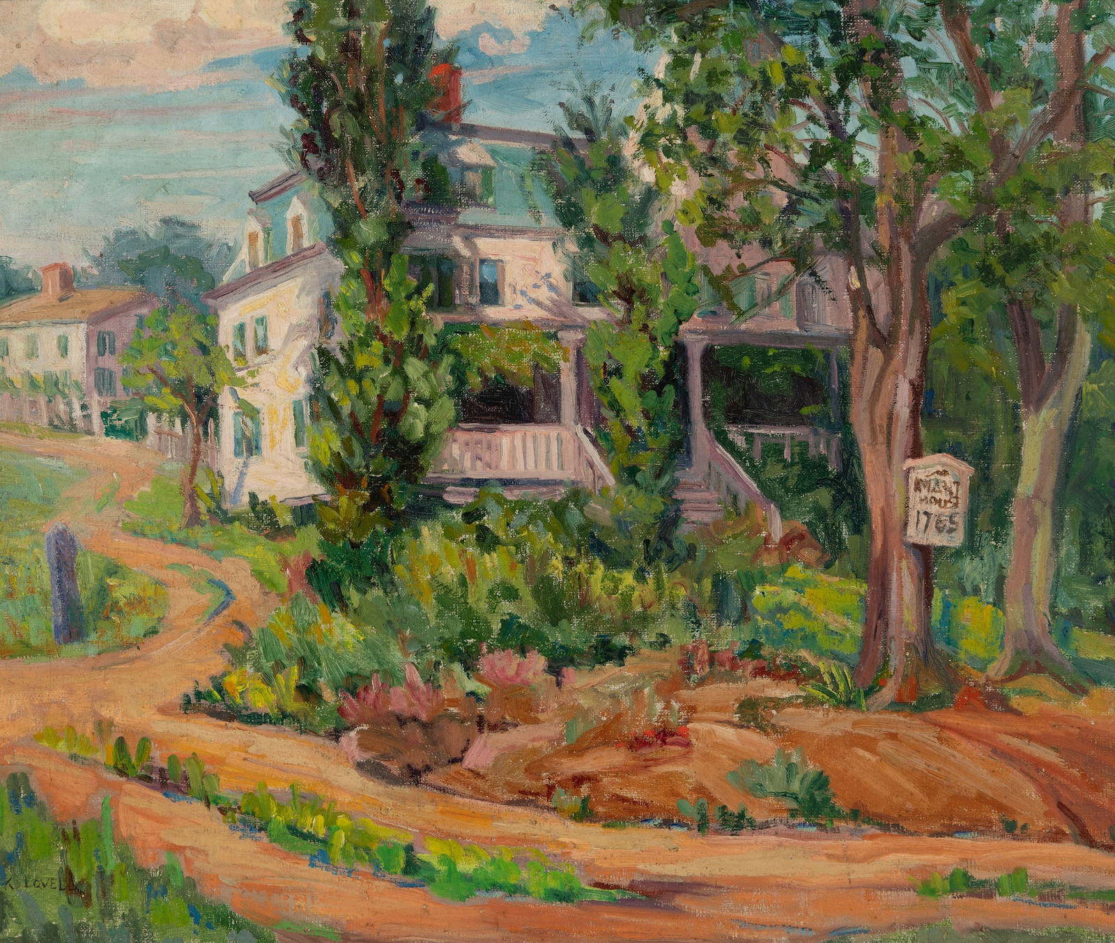 Katherine Lovell (Am. 1877-1965), Historic House, Oil on canvas, framed: Katherine Lovell (Am. 1877-1965) Historic House Oil on canvas, framed Signed l.l., Brooklyn Public Library exhibition label on stretcher verso 20" x 24" actual, 24 3/8" x 28 3/8" framed <