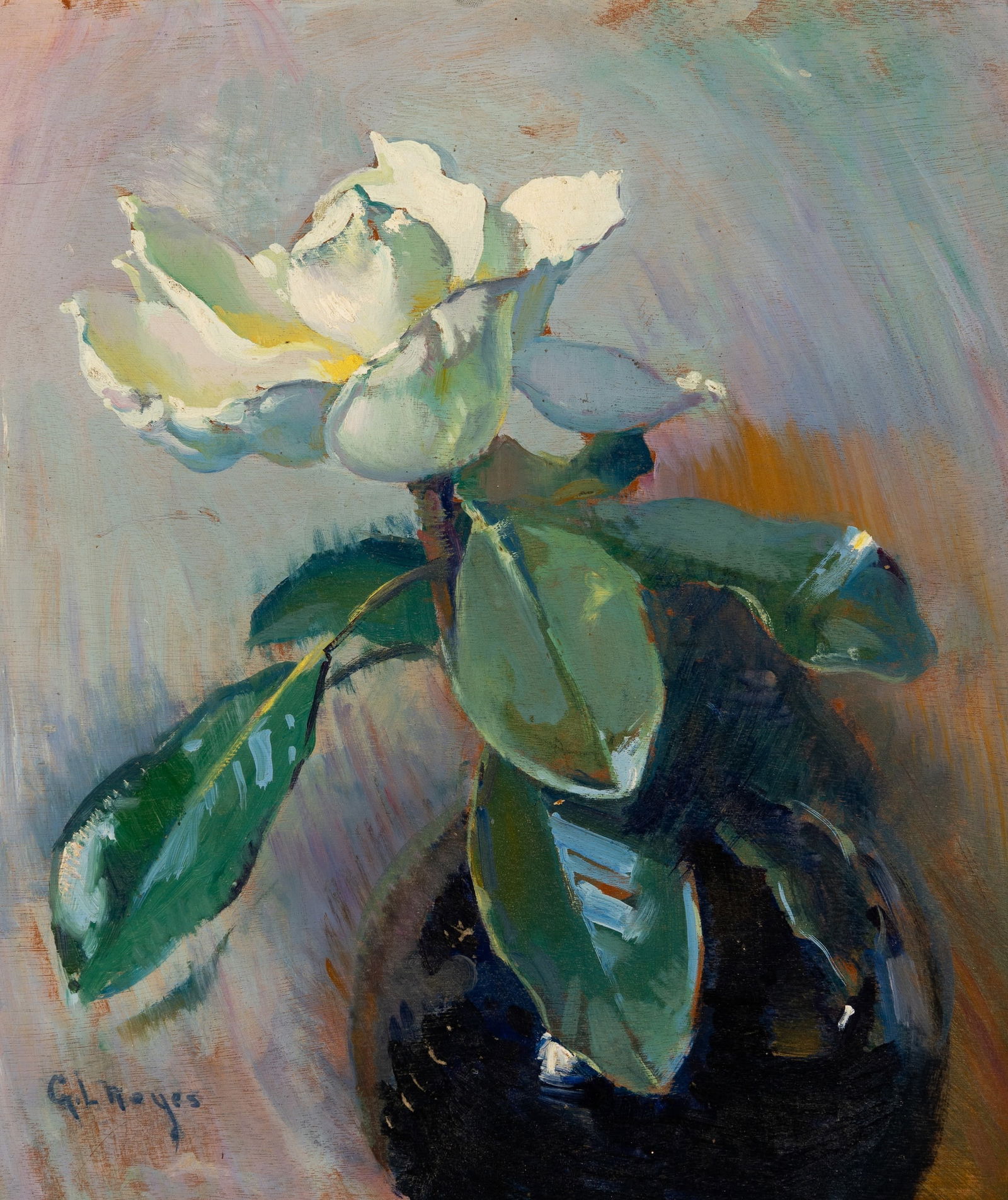 George Loftus Noyes (Can. 1864-1954), Magnolia Blossom, Oil on board, framed in Guido frame: George Loftus Noyes (Can. 1864-1954) Magnolia Blossom Oil on board, framed in Guido frame Signed l.l. 15 1/2" x 13 1/2" sight, 23" x 22 7/8" framed Provenance: