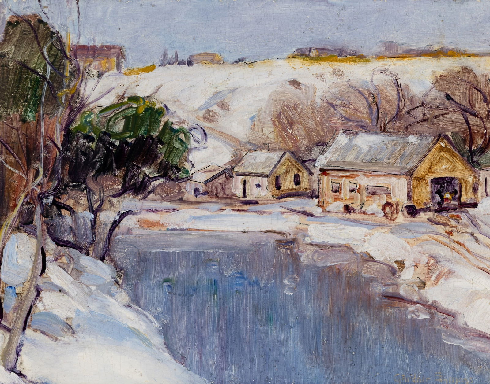 George Gardner Symons (Am. 1861-1930), Winter Stream, Oil on board, framed: George Gardner Symons (Am. 1861-1930) Winter Stream Oil on board, framed Signed l.r., estate stamp on verso and frame verso, Gorgan & Company tag attached to frame verso 12" x 16" actual, 19