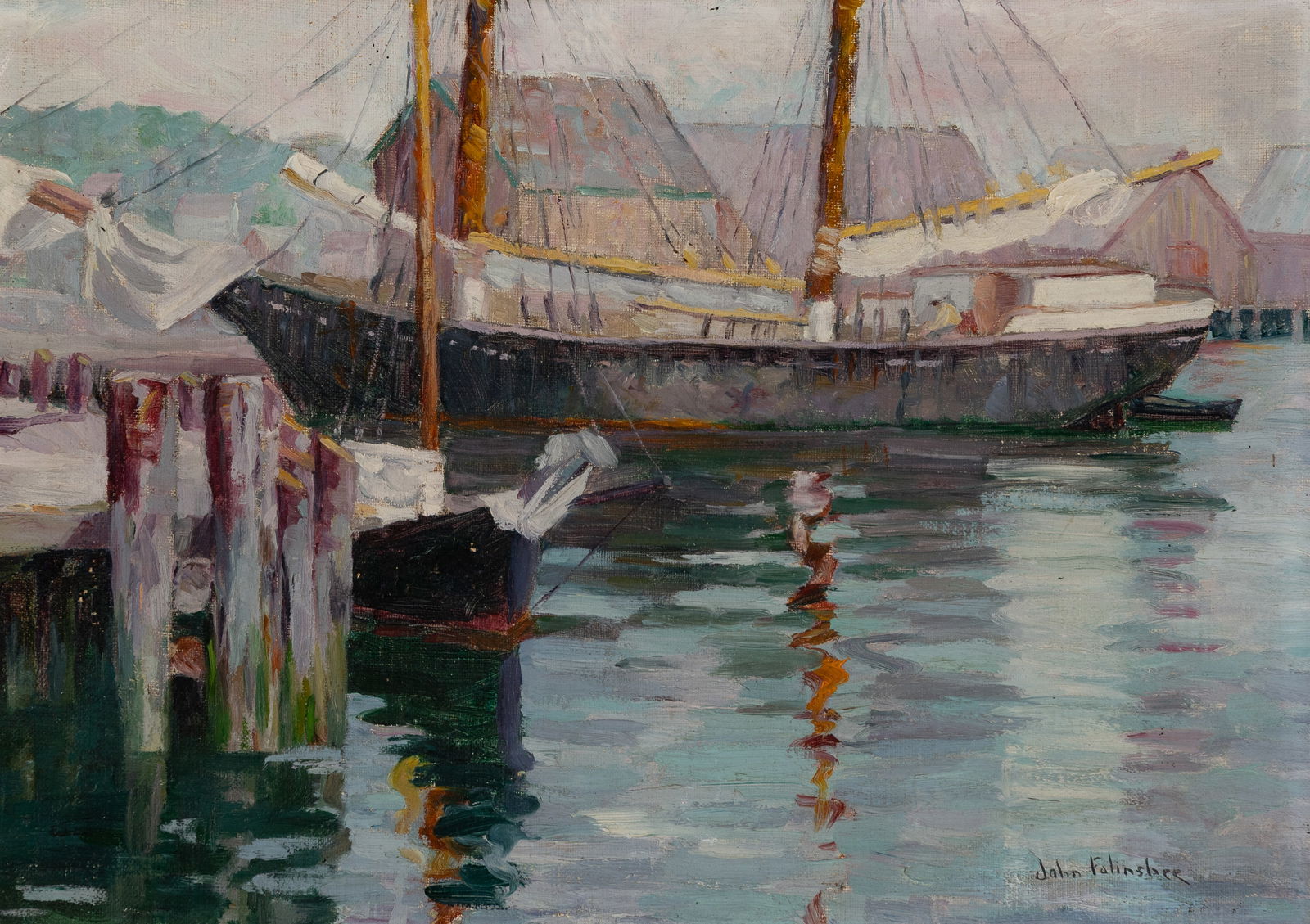 John Folinsbee (Am. 1892-1972), "Inlet - Gloucester Harbor" c. 1919, Oil on canvas, framed: John Folinsbee (Am. 1892-1972) "Inlet - Gloucester Harbor" c. 1919 Oil on canvas, framed Signed l.r., titled, dated, and inscribed "Folinsbee Catalogue Raisonné; JFF.1308" on verso 12" x 17"
