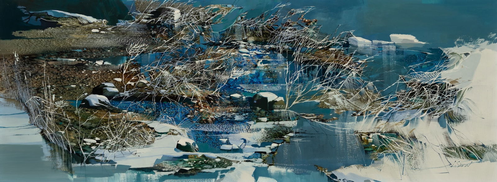 Laurence Sisson (Am. b. 1928), Frozen Shore, Oil on board, framed: Laurence Sisson (Am. b. 1928) Frozen Shore Oil on board, framed Signed l.r. 16" x 43" sight, 22 5/16" x 49 3/8" framed Provenance: Private collection Ypsil