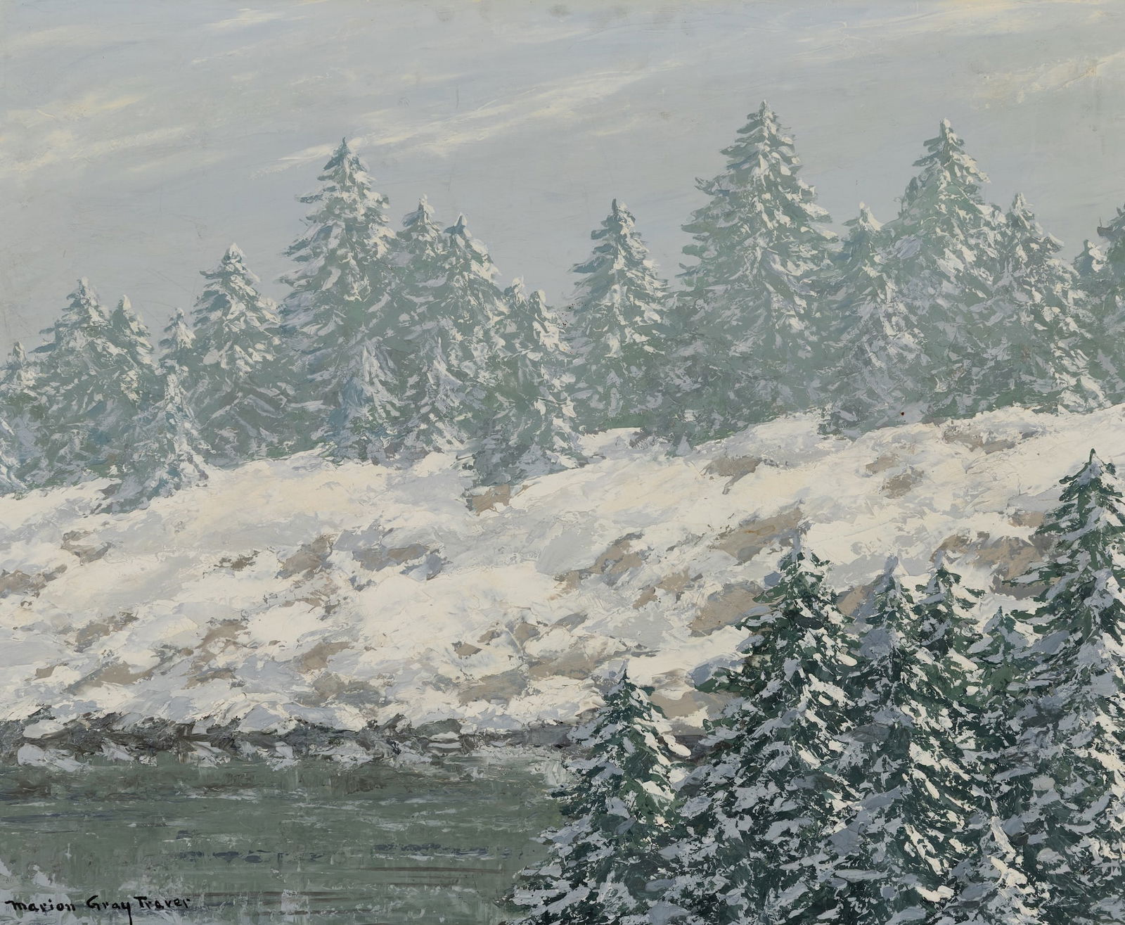 Marion Gray Traver (Am. 1891-1979), "Clearing Off" 1968, Oil on panel, framed: Marion Gray Traver (Am. 1891-1979) "Clearing Off" 1968 Oil on panel, framed Signed l.l., titled, dated, and artist's stamp on backing 16" x 20" actual, 18 7/8" x 22 7/8" framed