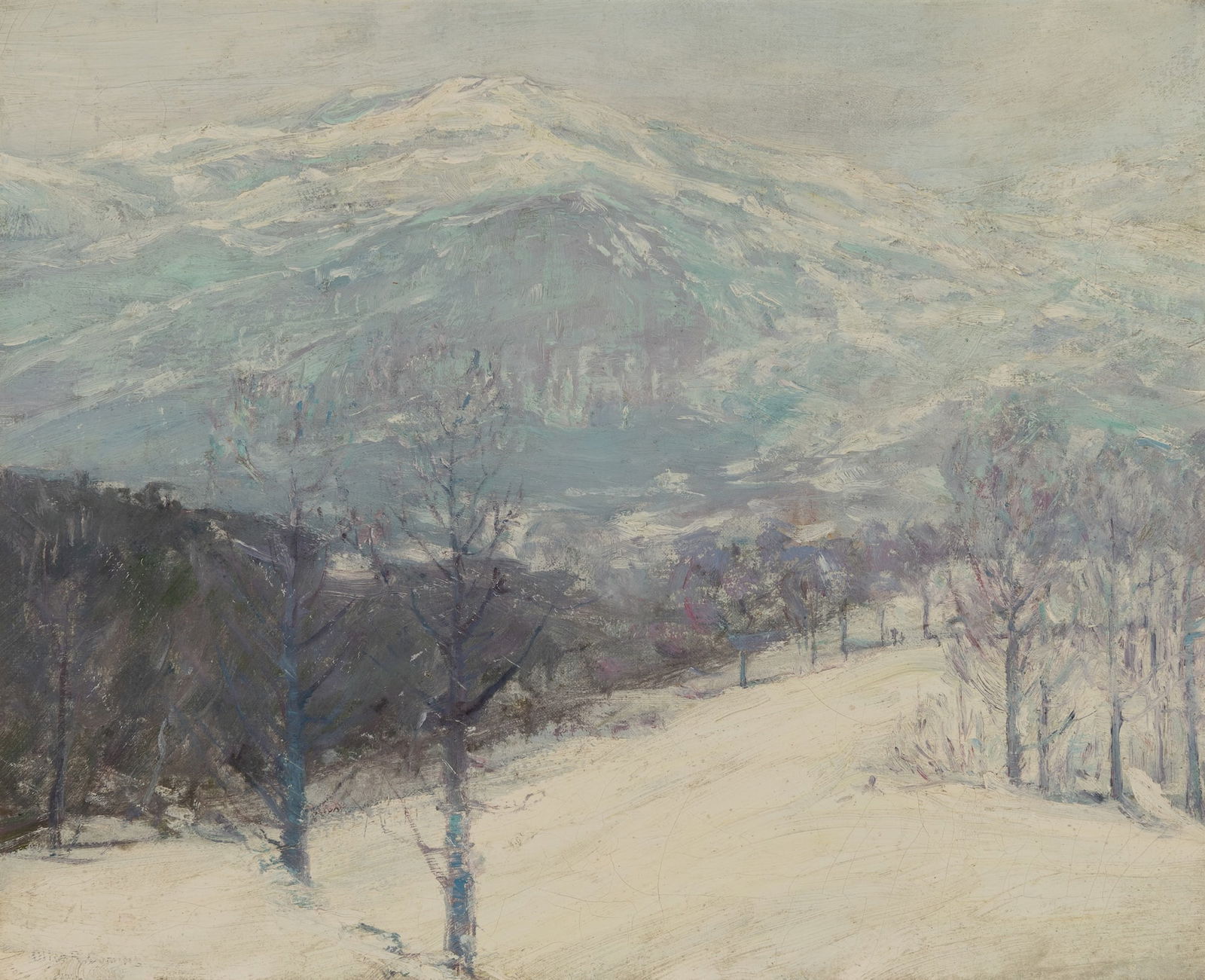 Alice Comins (Am. 1861-1943), Mount Monadnock in Winter, 1907, Oil on canvas, framed: Alice Comins (Am. 1861-1943) Mount Monadnock in Winter, 1907 Oil on canvas, framed Signed l.l. 17 1/8" x 21 1/16" actual, 23" x 27" framed Provenance: Priva