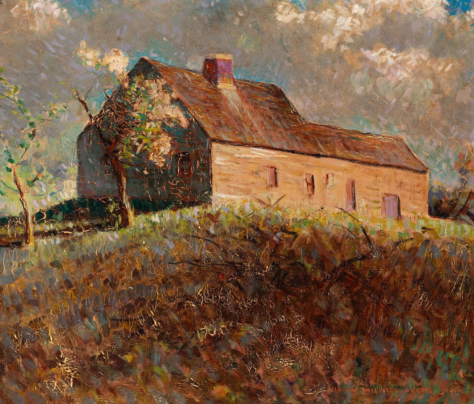 Vivien Milner Akers (Am. 1886-1966), "The Deserted Home" Porter, Maine, 1941, Oil on board, framed: Vivien Milner Akers (Am. 1886-1966) "The Deserted Home" Porter, Maine, 1941 Oil on board, framed Signed and dated l.r., signed, titled, and dated on verso 11 5/8" x 13 5/8" sight, 14 5/8" x