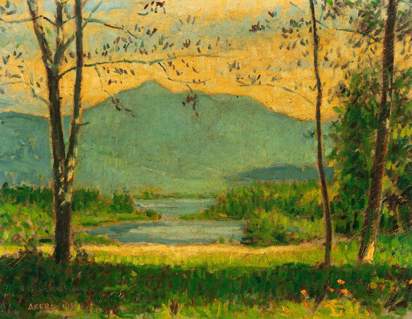 Vivien Milner Akers (Am. 1886-1966), "Mt. Chocorua" New Hampshire, 1957, Oil on board, framed: Vivien Milner Akers (Am. 1886-1966) "Mt. Chocorua" New Hampshire, 1957 Oil on board, framed Signed and dated l.l., signed, titled, and dated on verso 12 1/8" x 16" actual, 14 1/2" x 18 1/4" f