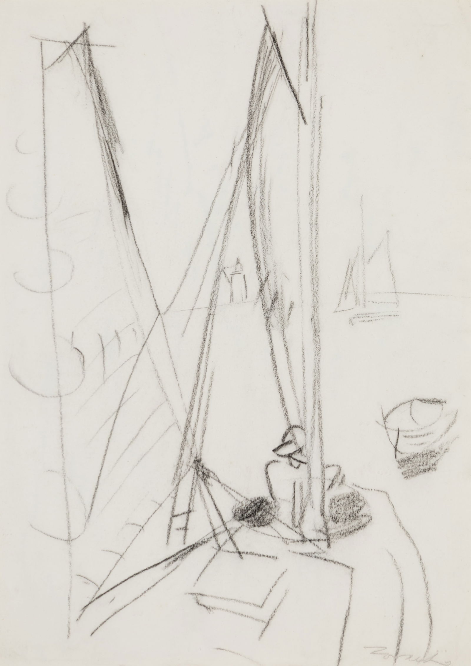 William Zorach (Am. 1887-1966), "Sailboat" c. 1917, Pencil on paper, framed under glass: William Zorach (Am. 1887-1966) "Sailboat" c. 1917 Pencil on paper, framed under glass Signed l.r., additional composition in pencil on sheet verso 15 1/4" x 10 3/4" sight, 22 3/8" x 17 3/4" f