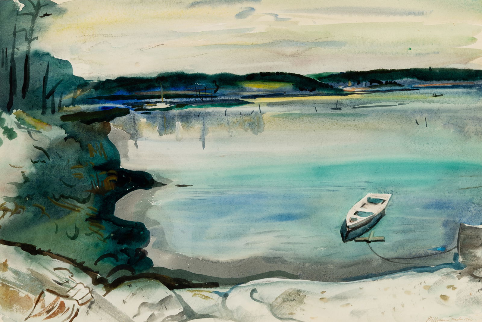 William Zorach (Am. 1887-1966), "Evening (Robinhood Cove)" 1946, Watercolor on paper, framed under: William Zorach (Am. 1887-1966) "Evening (Robinhood Cove)" 1946 Watercolor on paper, framed under glass Signed and dated l.r., Wiscassett Bay Gallery and the Downtown Gallery label on backing