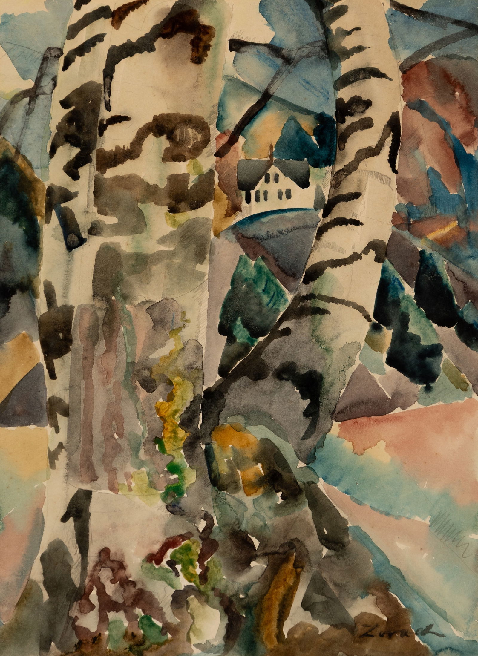 William Zorach (Am. 1887-1966), Through the Birch Trees, Watercolor on paper, framed under glass: William Zorach (Am. 1887-1966) Through the Birch Trees Watercolor on paper, framed under glass Signed l.r. 13 1/4" x 9 3/4" actual, 19 13/16" x 16" framed Provenance: