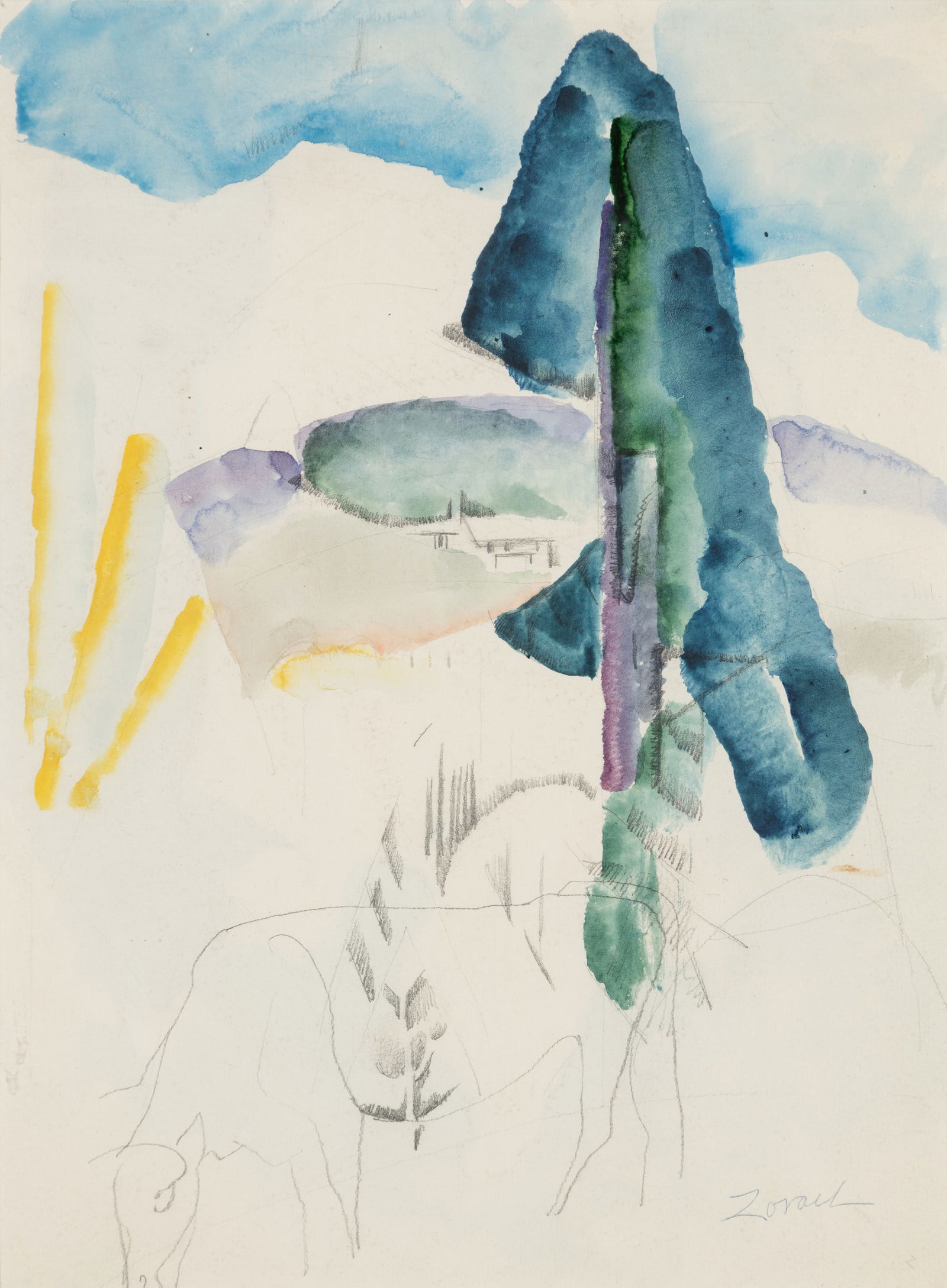 William Zorach (Am. 1887-1966), Cow , Watercolor on paper, framed under glass: William Zorach (Am. 1887-1966) Cow Watercolor on paper, framed under glass Signed l.r., letter from the artist's son attached to backing 13" x 9 1/2" sight, 20" x 16 1/8" framed