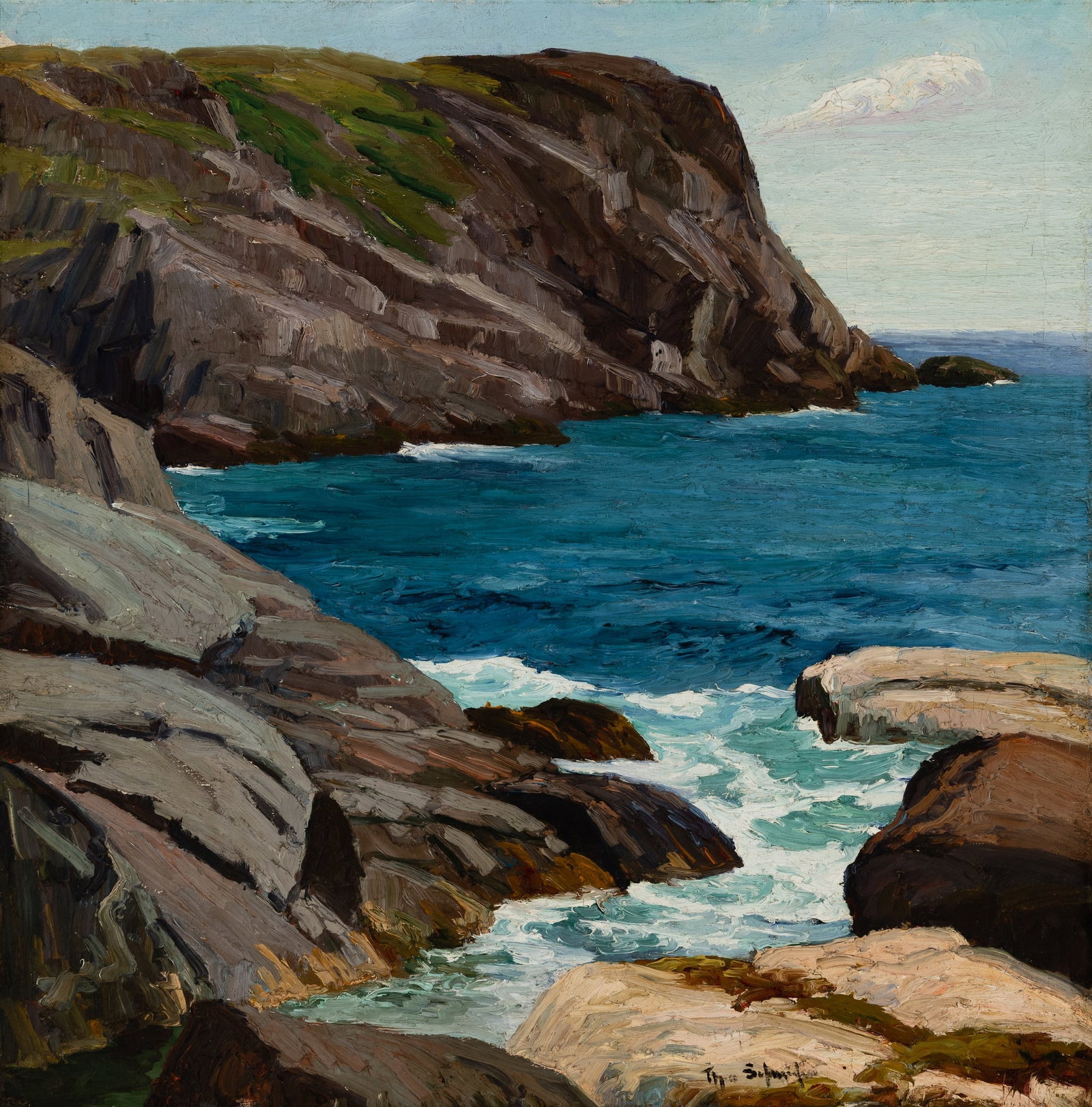Theophile Schneider (Am. 1877-1960), "Blackhead" Monhegan , Oil on canvas, framed: Theophile Schneider (Am. 1877-1960) "Blackhead" Monhegan Oil on canvas, framed Signed l.r. 30 1/8" x 30 1/8" actual, 38 3/8" x 38 3/8" framed Provenance: