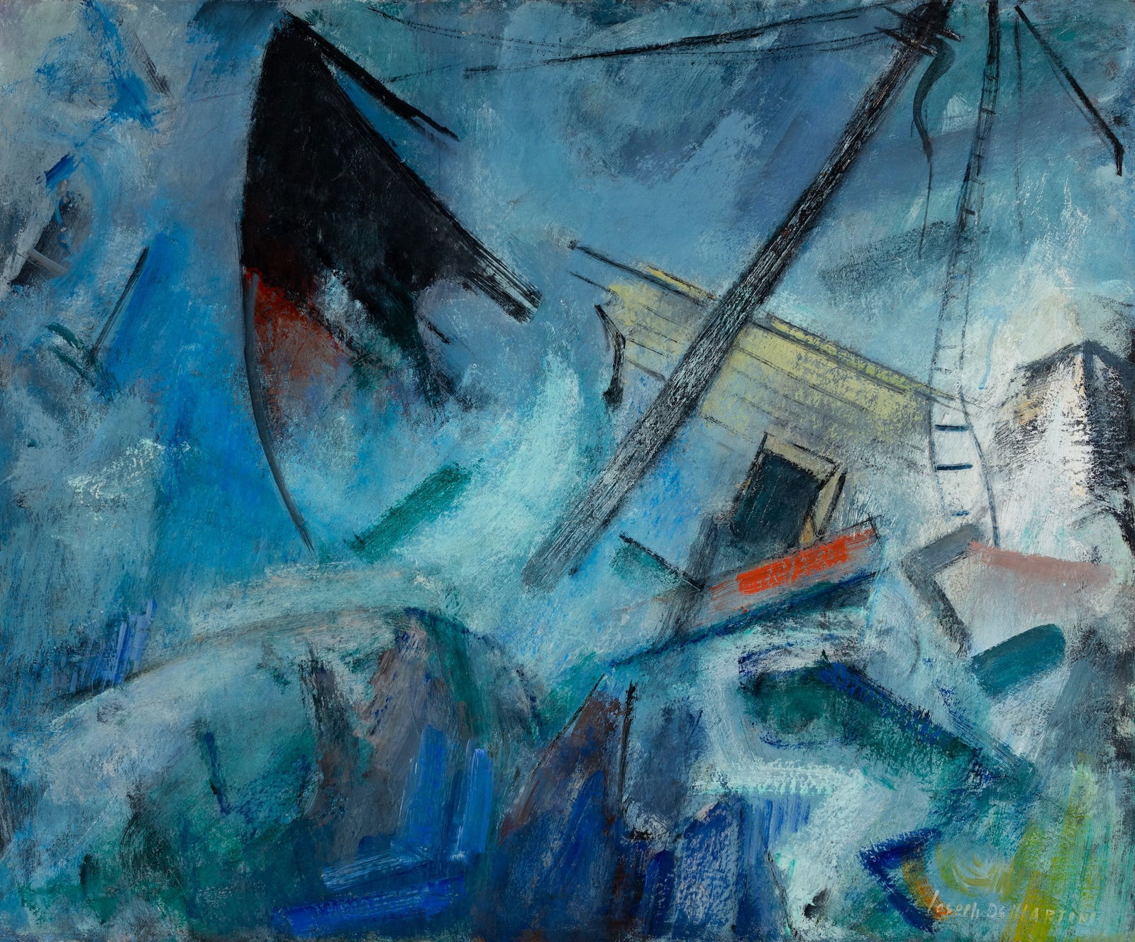 Joseph De Martini (Am. 1896-1984), "The Wreck" 1952, Oil on canvas, framed: Joseph De Martini (Am. 1896-1984) "The Wreck" 1952 Oil on canvas, framed Signed l.r., signed and titled on verso, dated on David Findlay JR Fine Art label on stretcher verso, Barridoff Auctions tag