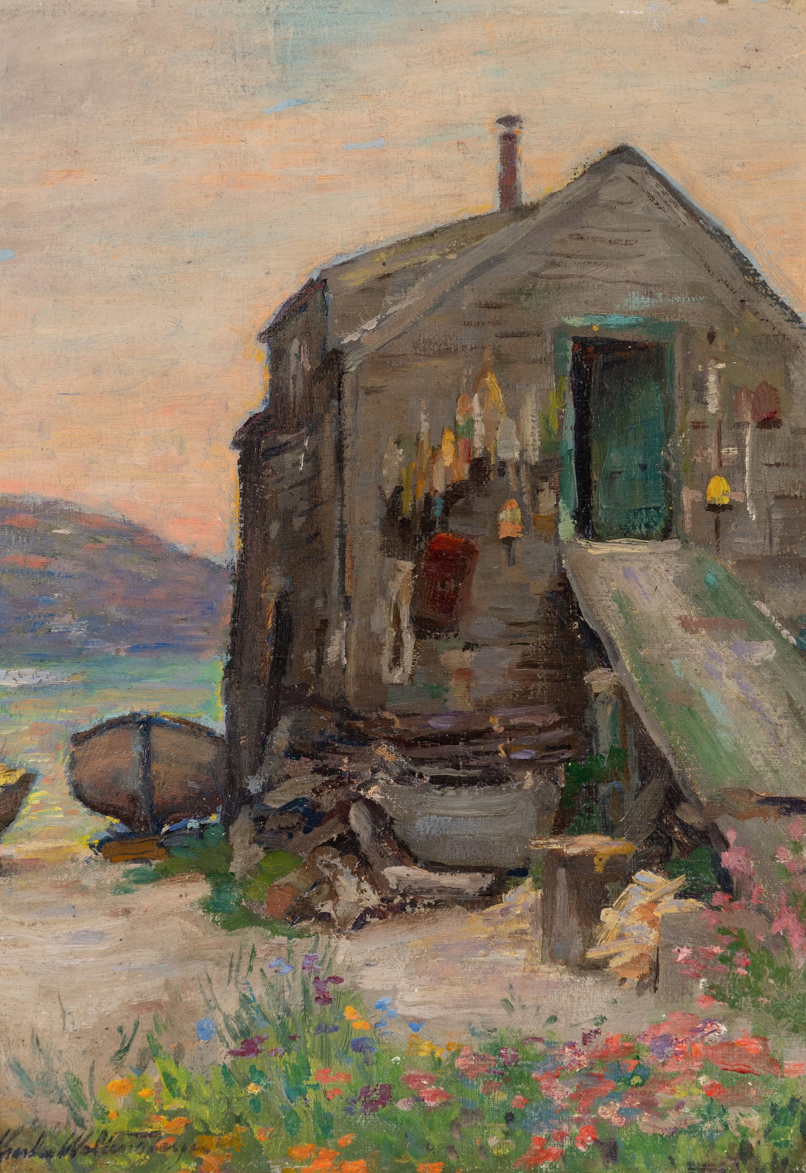 Charles Waltensperger (Am. 1870-1931), Monhegan Fish House, Oil on board, framed: Charles Waltensperger (Am. 1870-1931) Monhegan Fish House Oil on board, framed Signed l.l. 14" x 10" actual, 18 1/2" x 14 11/16" framed Provenance: Private