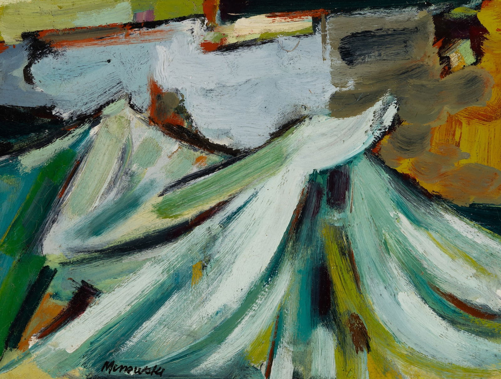 Alex Minewski (Am. 1917-1979), Breaking Wave, Monhegan, Oil on board, framed: Alex Minewski (Am. 1917-1979) Breaking Wave, Monhegan Oil on board, framed Signed l.l., exhibition label on frame verso 12" x 16" sight, 16 1/2" x 20 5/8" framed Provenan