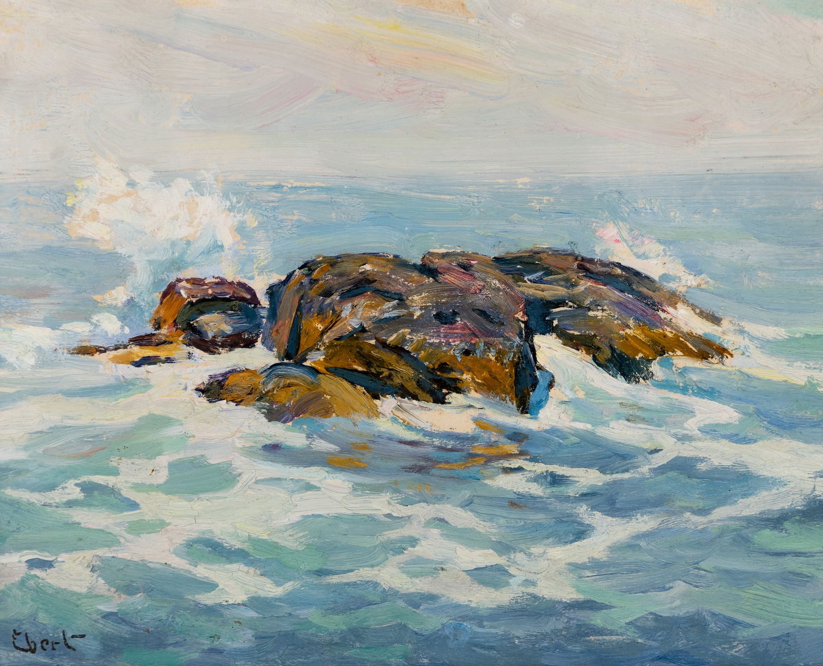 Charles Ebert (Am. 1873-1959), Norton's Ledge, Oil on board, framed: Charles Ebert (Am. 1873-1959) Norton's Ledge Oil on board, framed Signed l.l. 7 1/2" x 9 5/8" sight, 13 9/16" x 15 9/16" framed Provenance: Private collectio