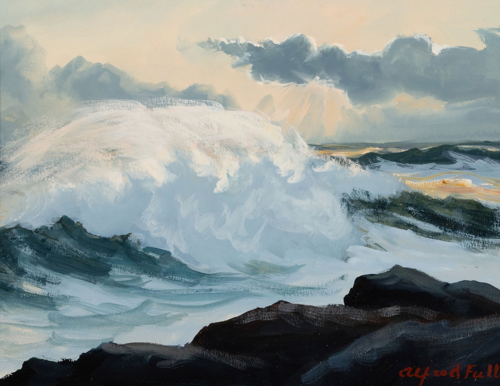 Alfred Fuller (Am. 1899-1980), "Crashing Waves, Monhegan", Gouache on paper, framed under glass: Alfred Fuller (Am. 1899-1980) "Crashing Waves, Monhegan" Gouache on paper, framed under glass Signed l.r., Wiscasset Bay Gallery label on backing 9" x 12 1/2" actual, 15 1/2" x 19" framed </