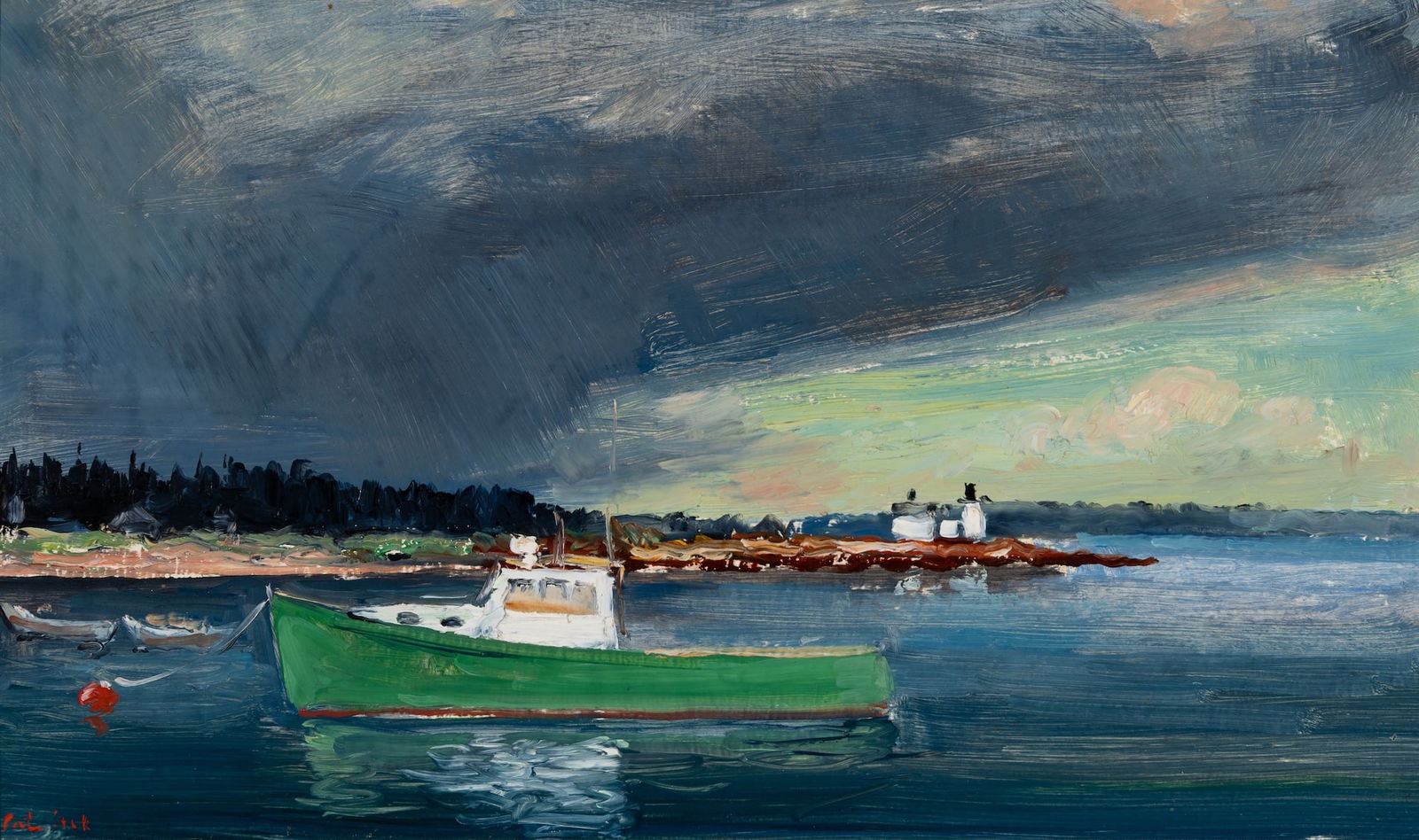 Peter G. Cook (Am. 1915-1992), "The Green Lobster Boat" , Oil on board, framed: Peter G. Cook (Am. 1915-1992) "The Green Lobster Boat" Oil on board, framed Signed l.l. 12" x 20" actual, 15 1/2" x 23 5/8" framed Provenance: Private coll