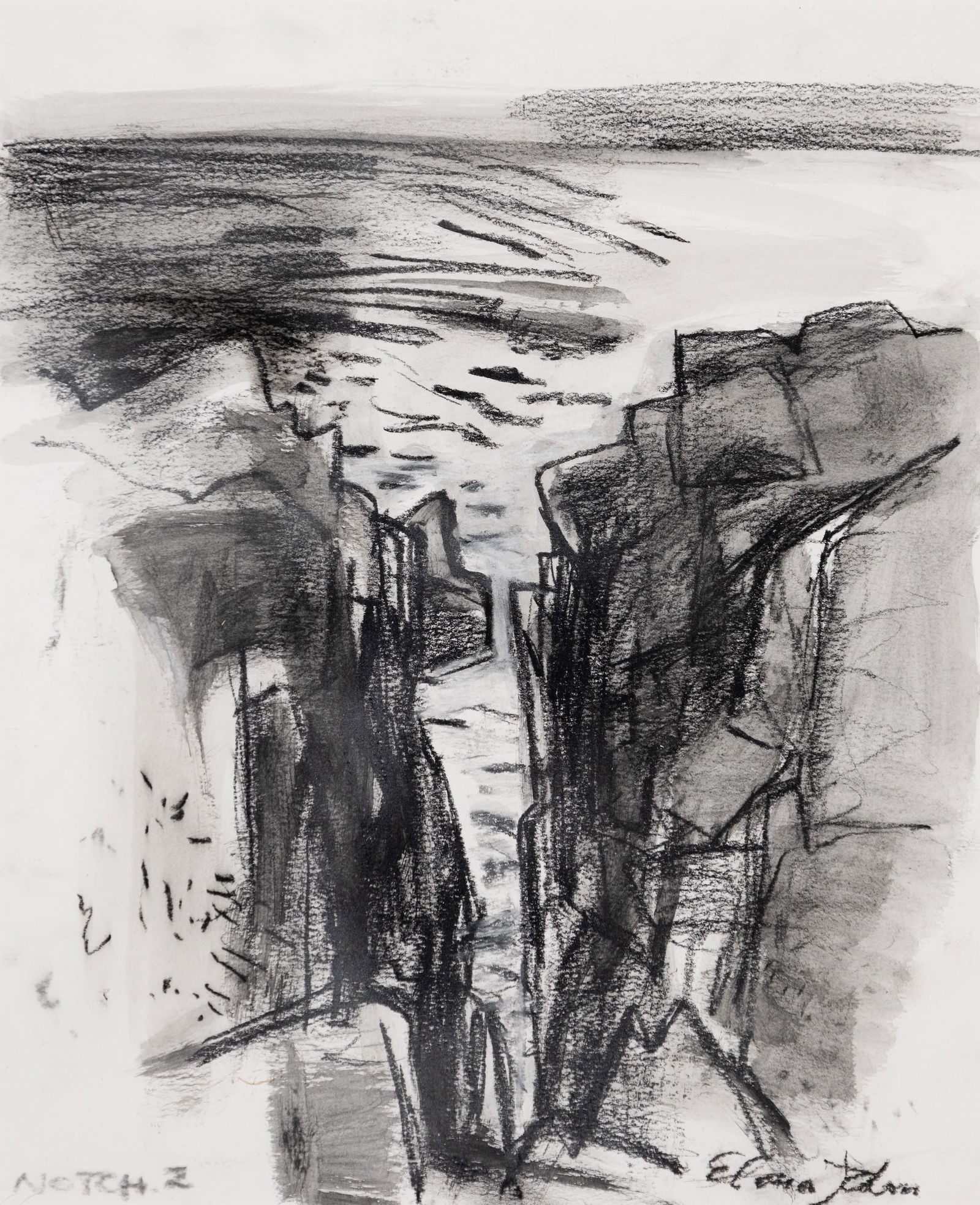Elena Jahn (Am. 1938-2014), "Notch.2" Monhegan , Charcoal on paper, framed under glass: Elena Jahn (Am. 1938-2014) "Notch.2" Monhegan Charcoal on paper, framed under glass Signed l.r., titled l.l. 16 1/2" x 13 1/2" paper, 23 1/8" x 20 1//8" framed Provenance: