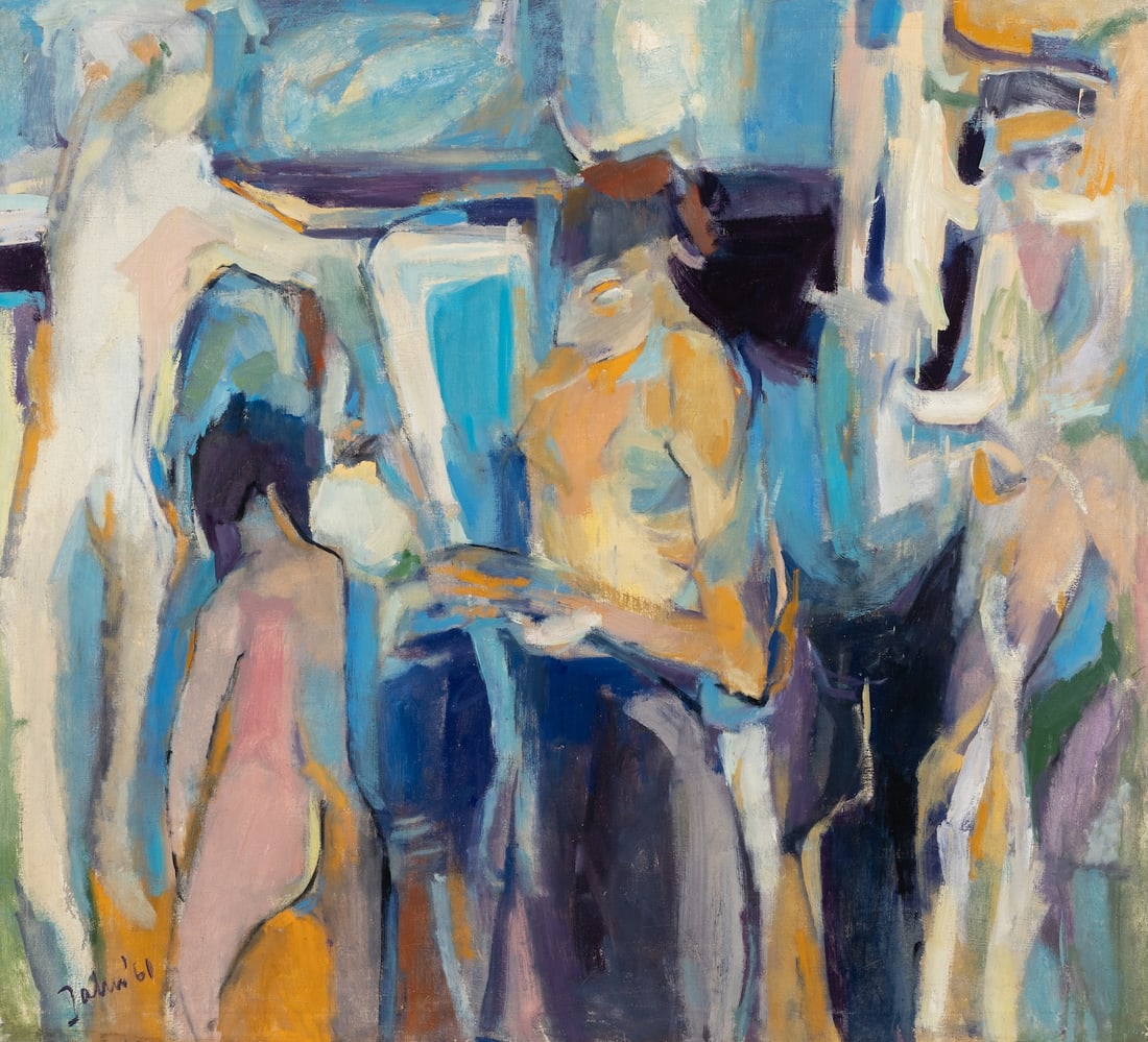 Elena Jahn (Am. 1938-2014), Figure 2, 1961, Oil on canvas, framed: Elena Jahn (Am. 1938-2014) Figure 2, 1961 Oil on canvas, framed Signed and dated l.l., Barridoff Auctions label on stretcher on verso 44" x 48" actual, 44 1/2" x 48 1/2" framed