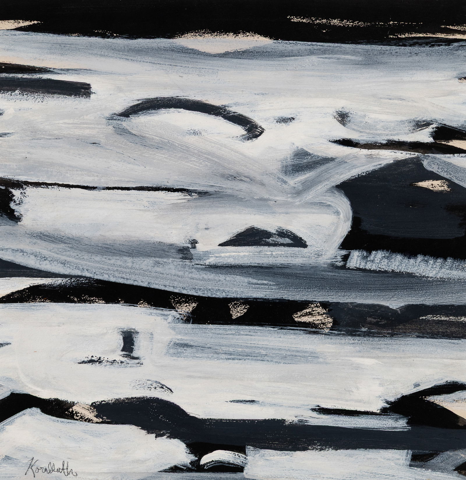 Frances Kornbluth (Am. 1920-2014), Snow Squall, Mixed media on board, framed: Frances Kornbluth (Am. 1920-2014) Snow Squall Mixed media on board, framed Signed l.l., artist's label on backing 15 1/2" x 15 1/2" actual, 18 1/2" x 18 1/2" framed Provena