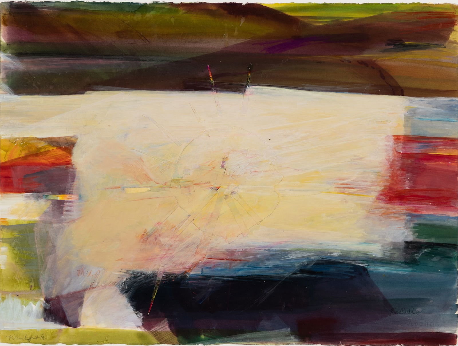 Frances Kornbluth (Am. 1920-2014), Penobscot, 1981, Mixed media on paper, framed under glass: Frances Kornbluth (Am. 1920-2014) Penobscot, 1981 Mixed media on paper, framed under glass Signed l.l. and l.r., artist's label on backing 22 1/4" x 29 3/4" actual, 25" x 32 5/8" framed