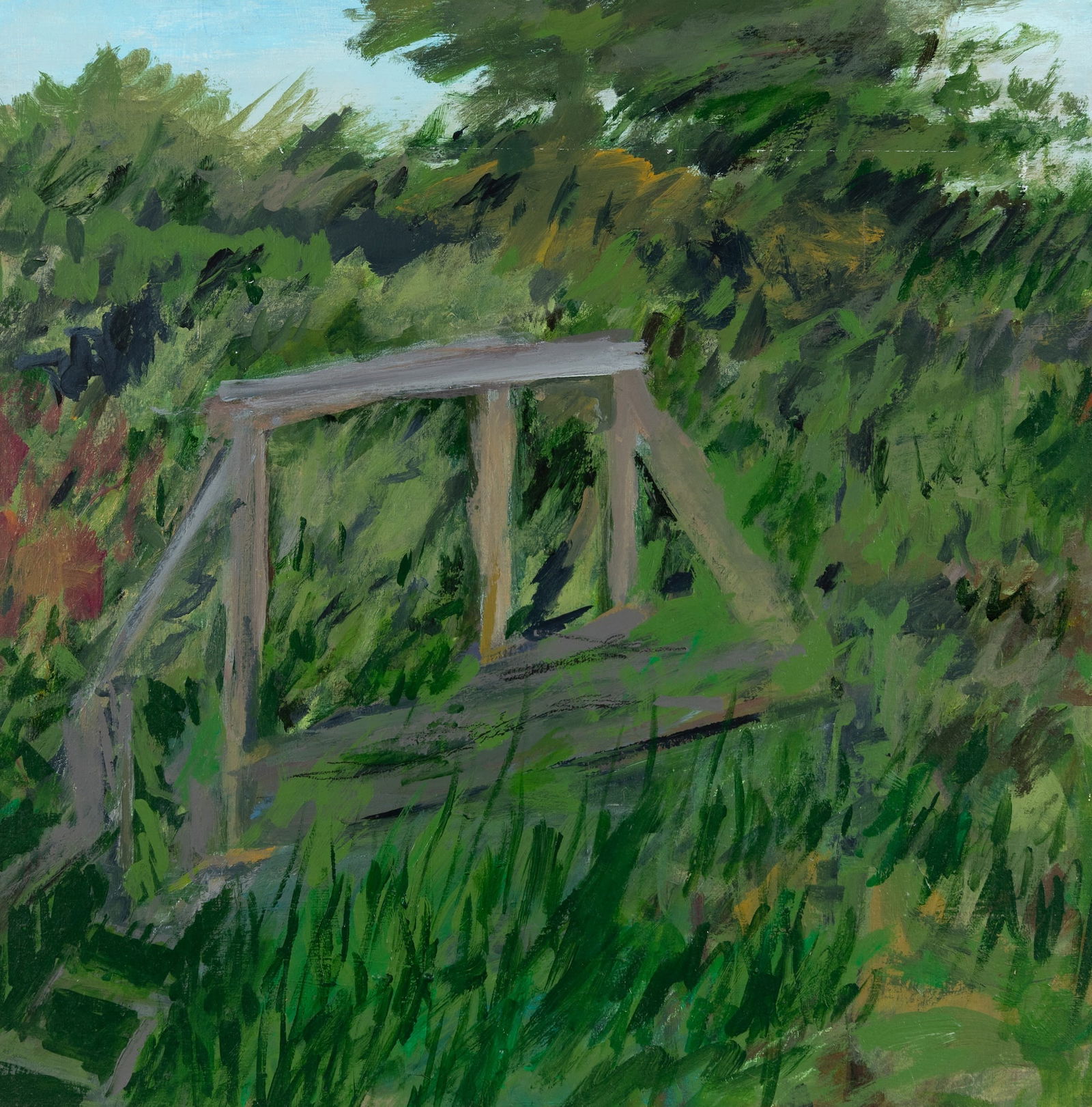 Frances Kornbluth (Am. 1920-2014), "Juanita's Bridge #2", Oil on linen, framed: Frances Kornbluth (Am. 1920-2014) "Juanita's Bridge #2" Oil on linen, framed Signed and titled on stretcher verso, artist's card attached to stretcher verso 18" x 18" actual, 22 1/8" x 22 1/8