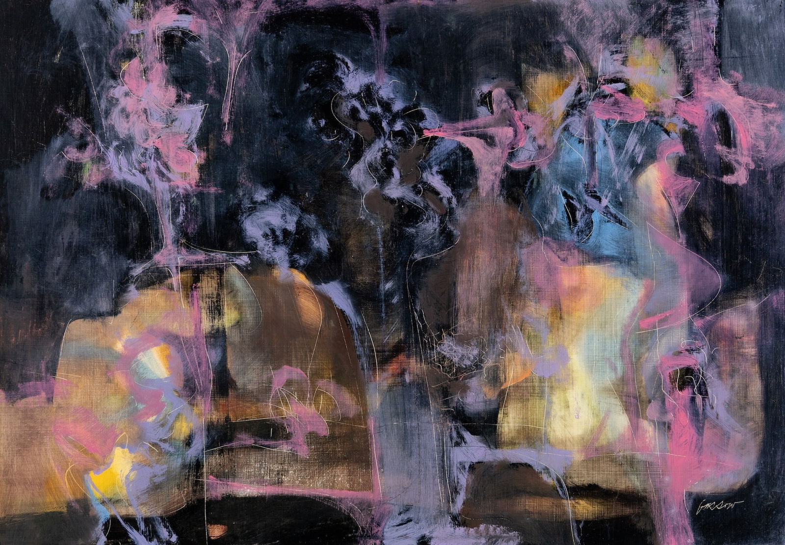 Alan Gussow (Am. 1931-1997), Dark Hue Abstraction, Oil on board, framed: Alan Gussow (Am. 1931-1997) Dark Hue Abstraction Oil on board, framed Signed l.r. 23 3/4" x 34" sight, 26 1/4" x 36 1/2" framed Provenance: Private collec