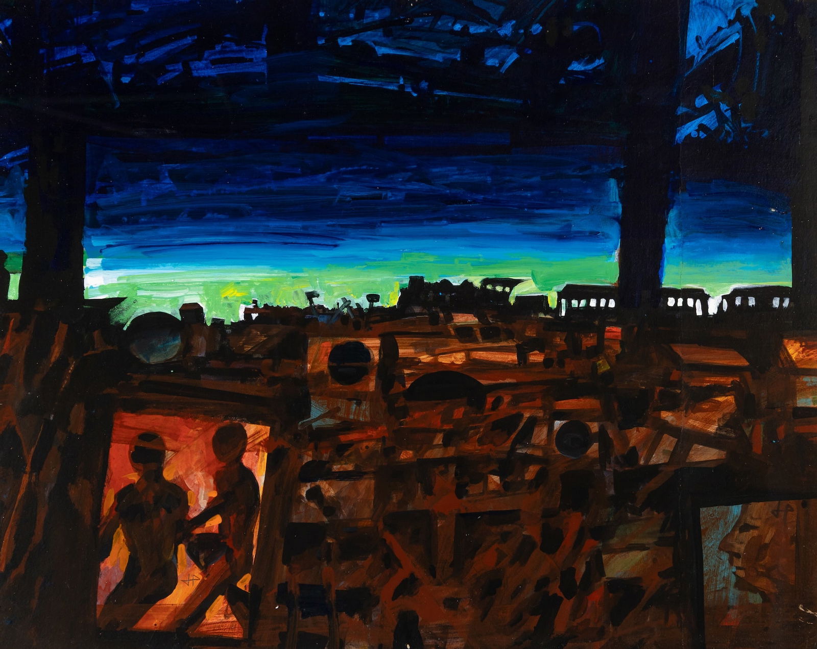 John Hultberg (Am. 1922-2005), "Dancing at the Depot" 1977, Oil on canvas, framed under glass: John Hultberg (Am. 1922-2005) "Dancing at the Depot" 1977 Oil on canvas, framed under glass Initialed l.l. and l.r., Barridoff Auctions label on backing 28 3/4" x 36 1/2" actual, 29 7/8" x 37