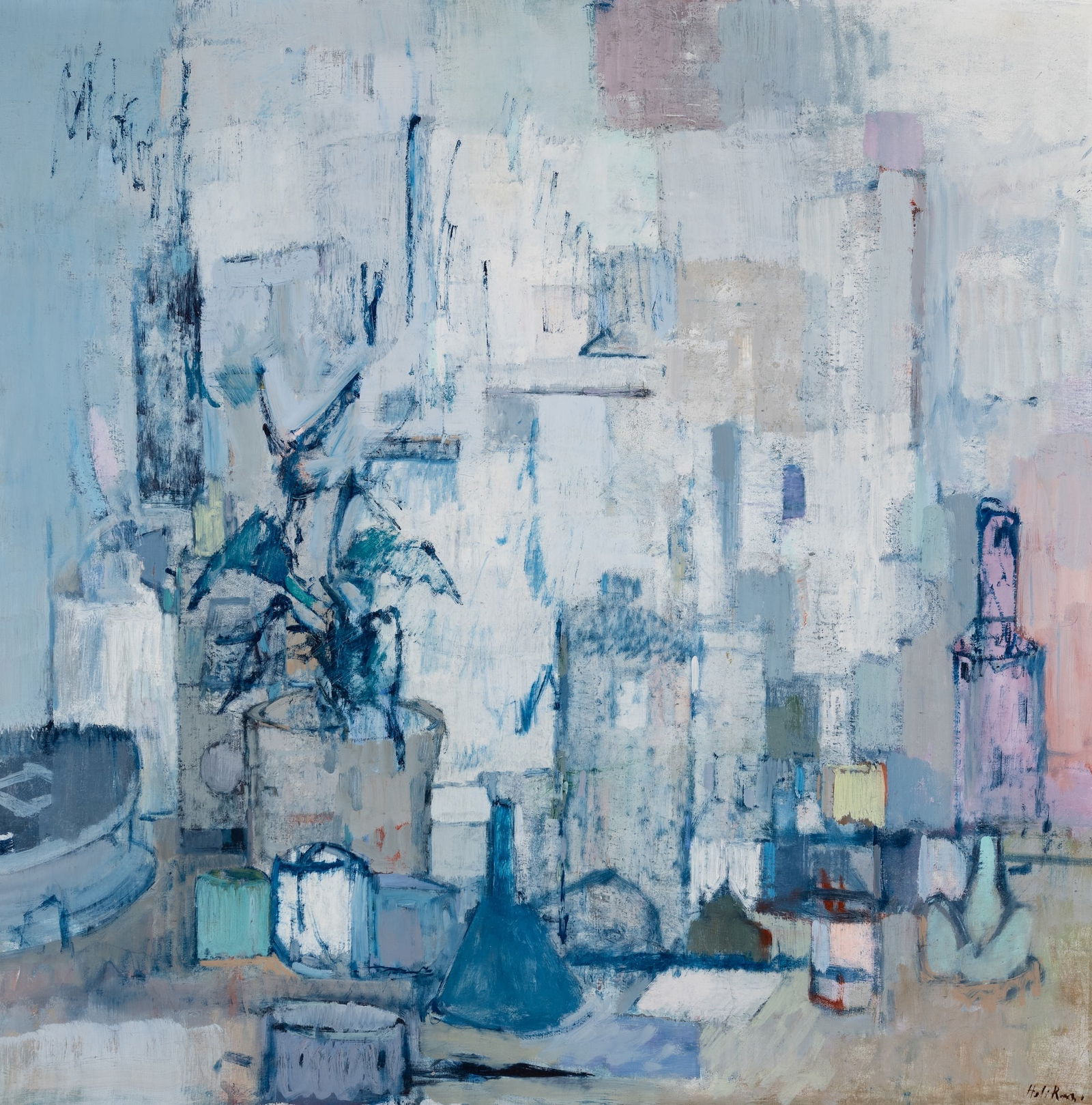 John Heliker (Am. 1909-2000), Still Life with Potted Plant and Bottle, Oil on canvas, framed: John Heliker (Am. 1909-2000) Still Life with Potted Plant and Bottle Oil on canvas, framed Signed l.r., The American Federation of Arts label on backing, Kraushaar Galleries label on stretcher ver