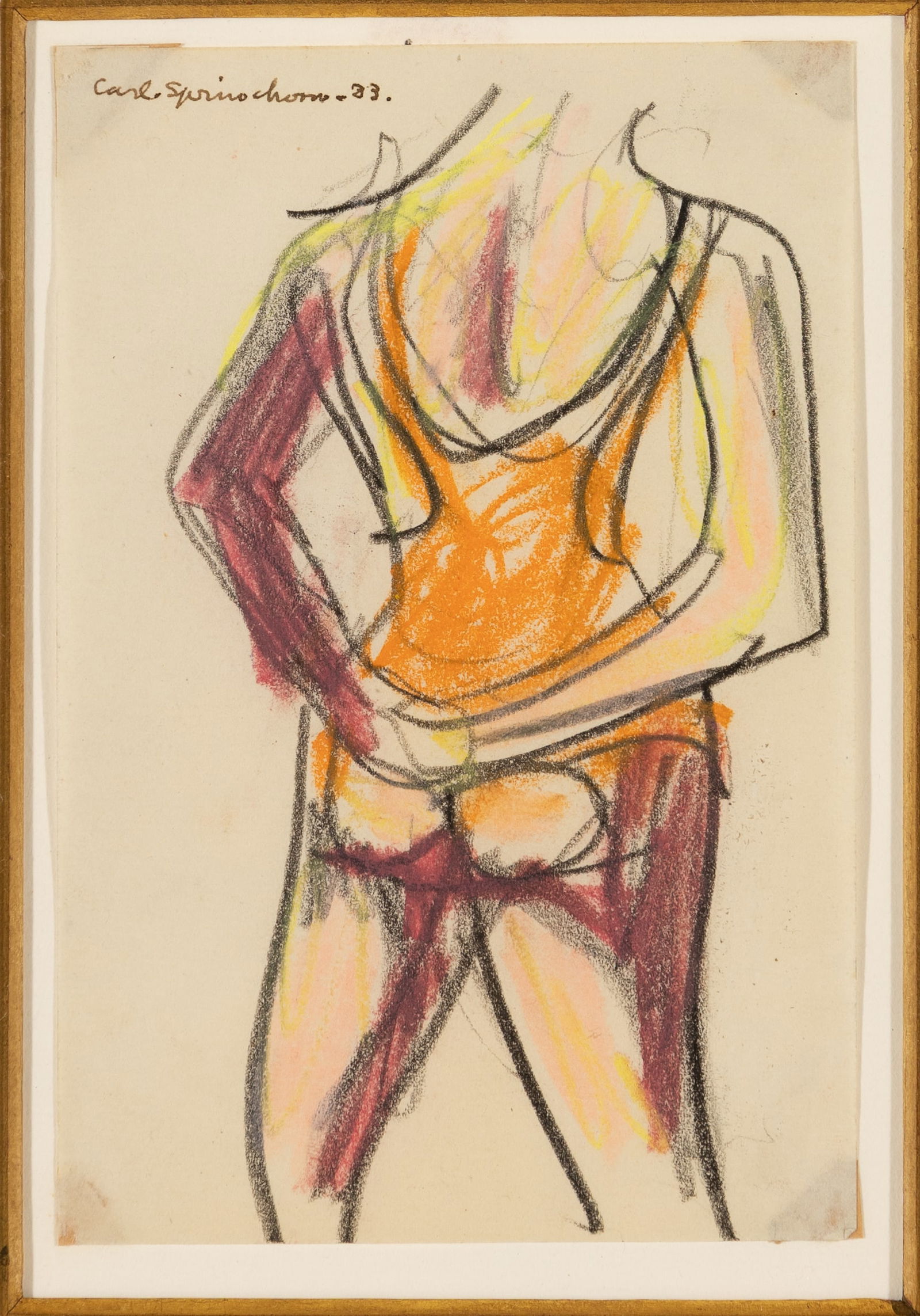 Carl Sprinchorn (Am. 1887-1971), Orange Bathing Suit, 1933, Pastel on paper, framed under glass: Carl Sprinchorn (Am. 1887-1971) Orange Bathing Suit, 1933 Pastel on paper, framed under glass Signed and dated u.l. 6" x 4" sight, 13 9/16" x 11 1/2" framed Provenance: